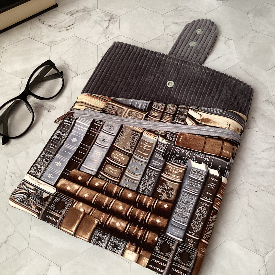 Library books Fabric Padded Book Sleeve. IPad/Tablet pouch. 2 pockets with flap closure.