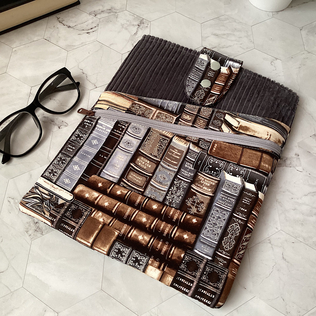 Library books Fabric Padded Book Sleeve. IPad/Tablet pouch. 2 pockets with flap closure.