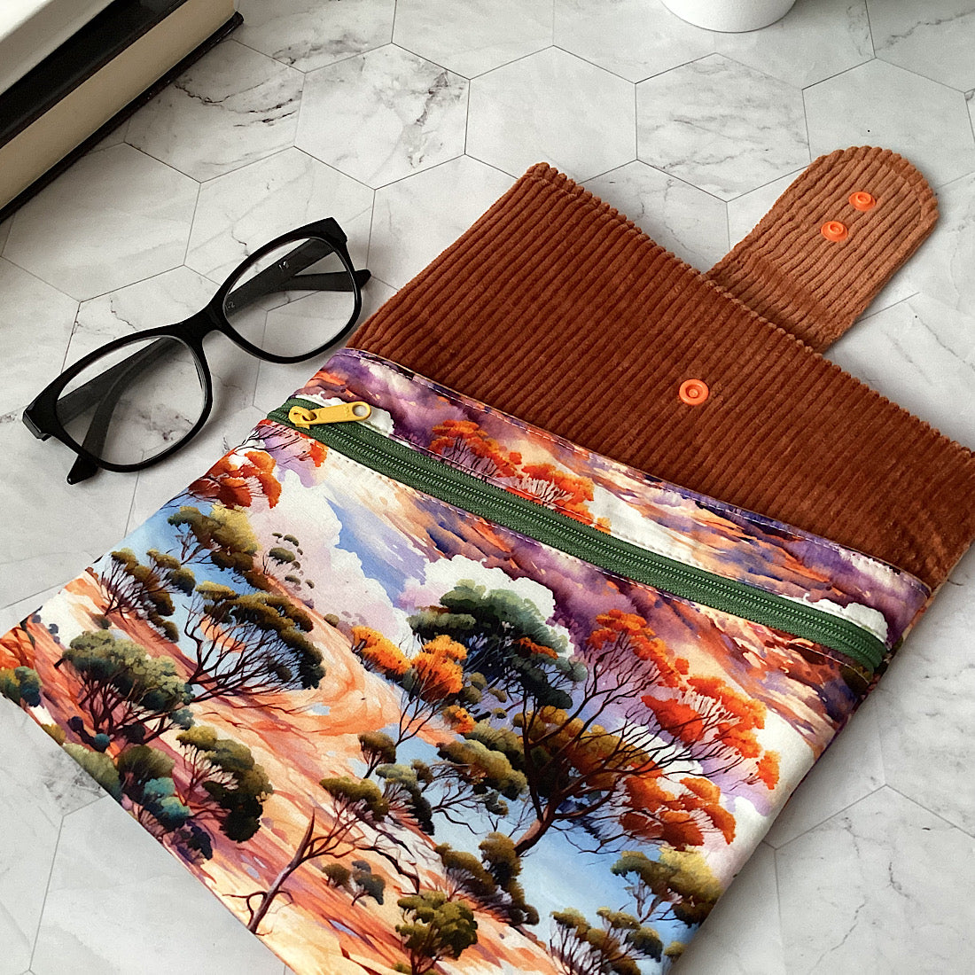 Scenic outback Fabric Padded Book Sleeve. IPad/Tablet pouch. 2 pockets with flap closure.