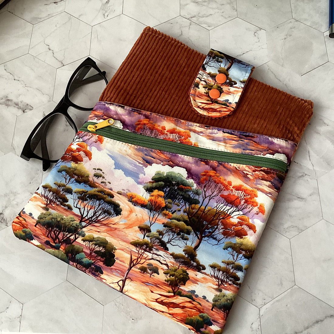 Scenic outback Fabric Padded Book Sleeve. IPad/Tablet pouch. 2 pockets with flap closure.