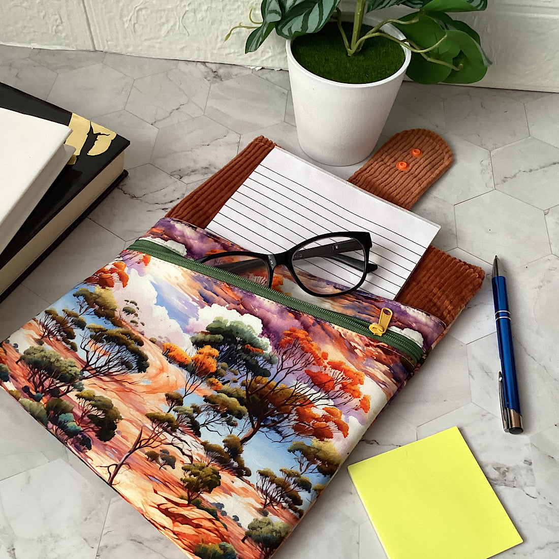 Scenic outback Fabric Padded Book Sleeve. IPad/Tablet pouch. 2 pockets with flap closure.