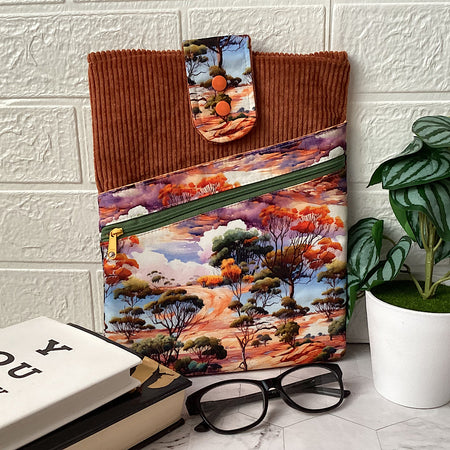 Scenic outback Fabric Padded Book Sleeve. IPad/Tablet pouch. 2 pockets with flap closure.