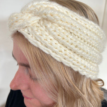 Hand Knitted Wool Mix Headband - Winter White Twist