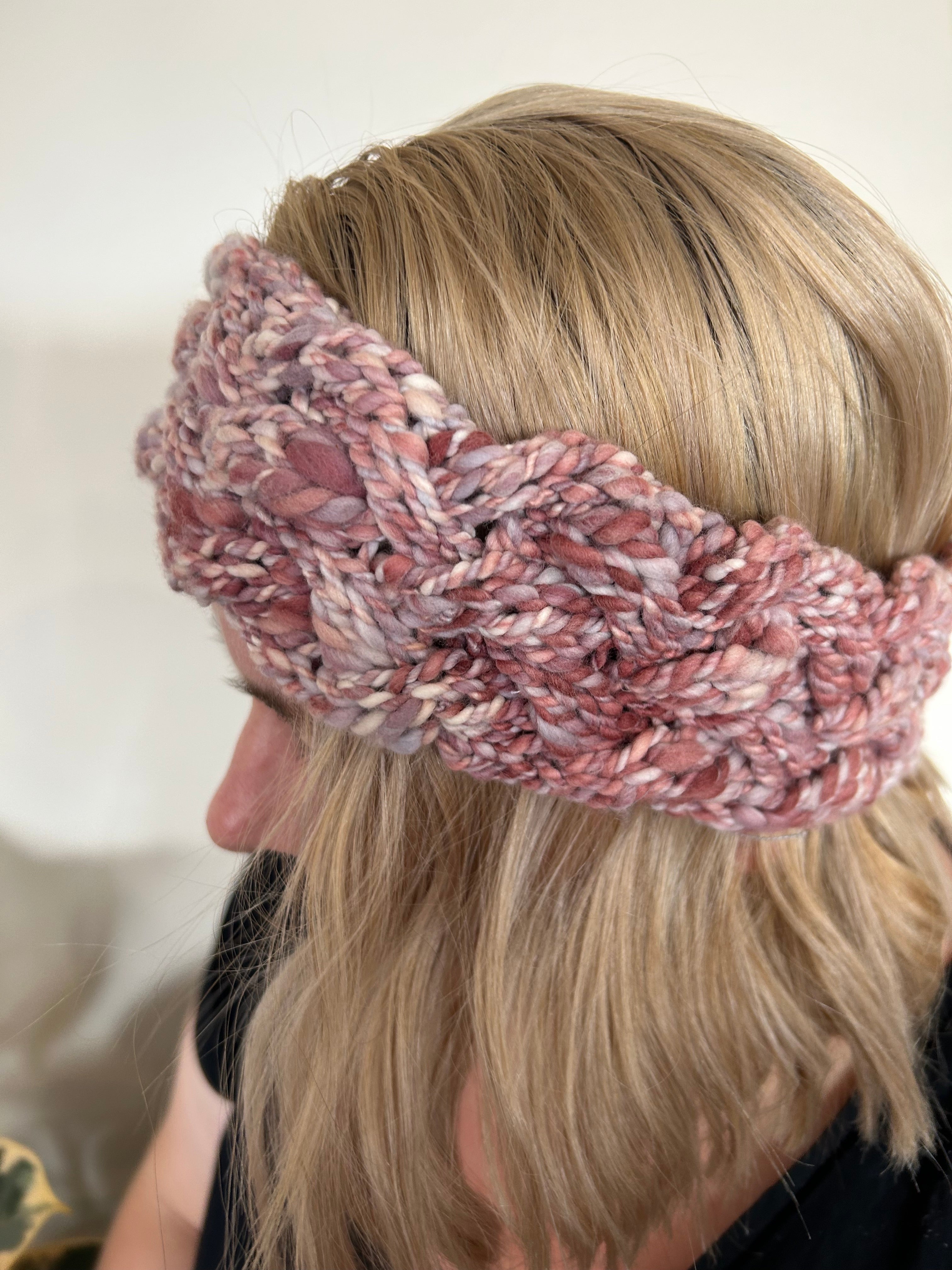 Hand Knitted Wool Headband - StrawberryPink Plait