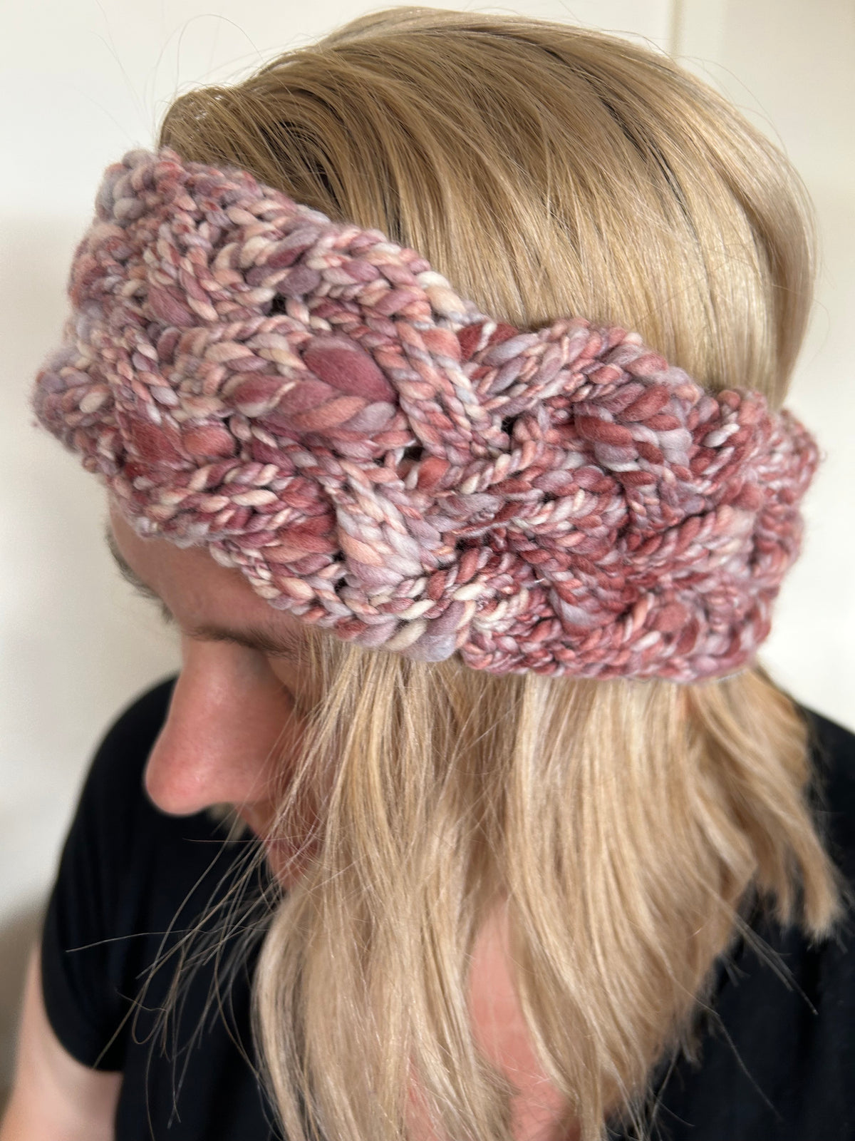 Hand Knitted Wool Headband - StrawberryPink Plait