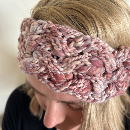 Hand Knitted Wool Headband - StrawberryPink Plait