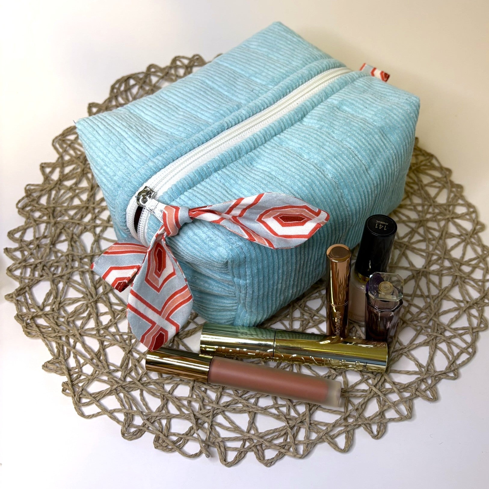Makeup, cosmetic or tech bag - Quilted Pale Turquoise Corduroy