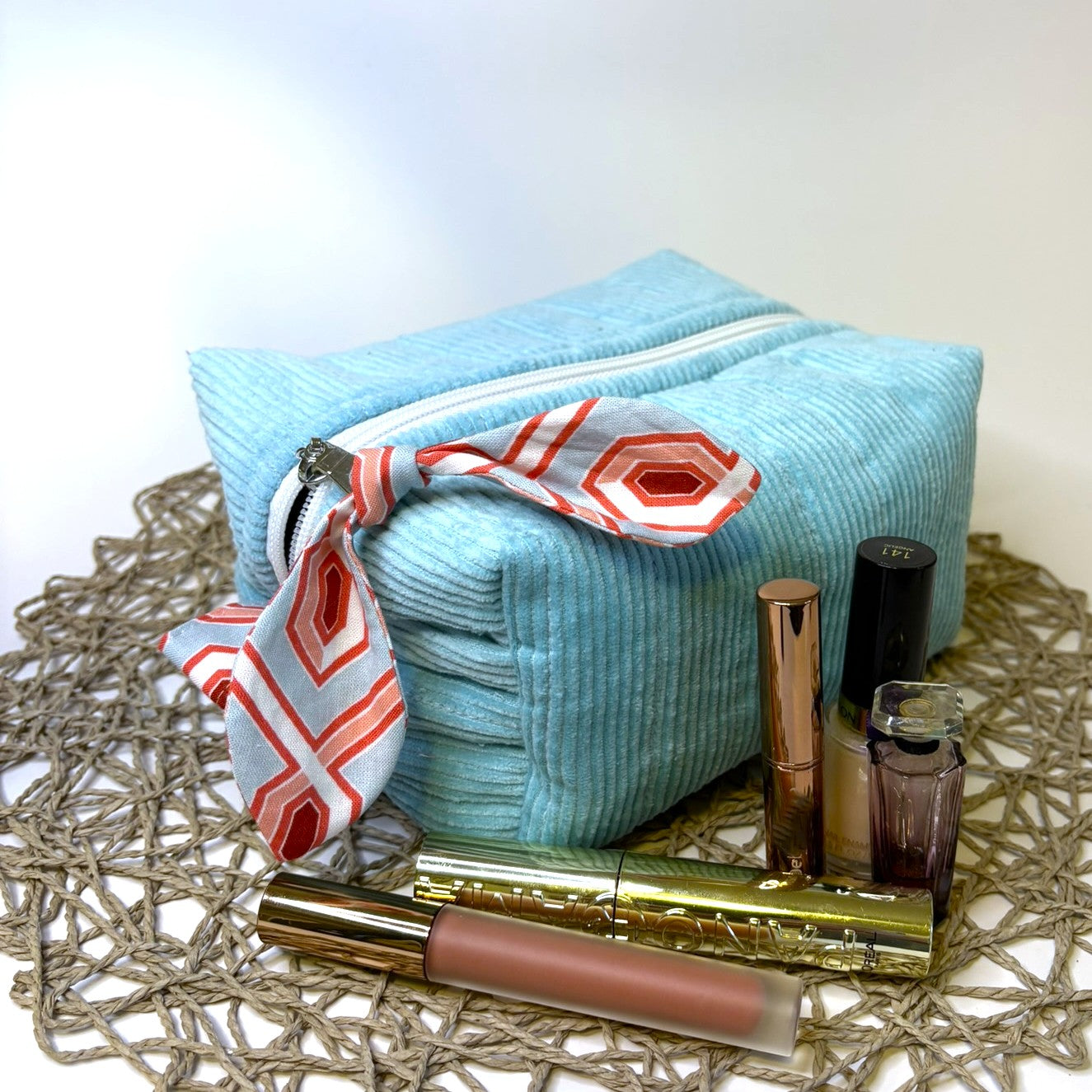 Makeup, cosmetic or tech bag - Quilted Pale Turquoise Corduroy