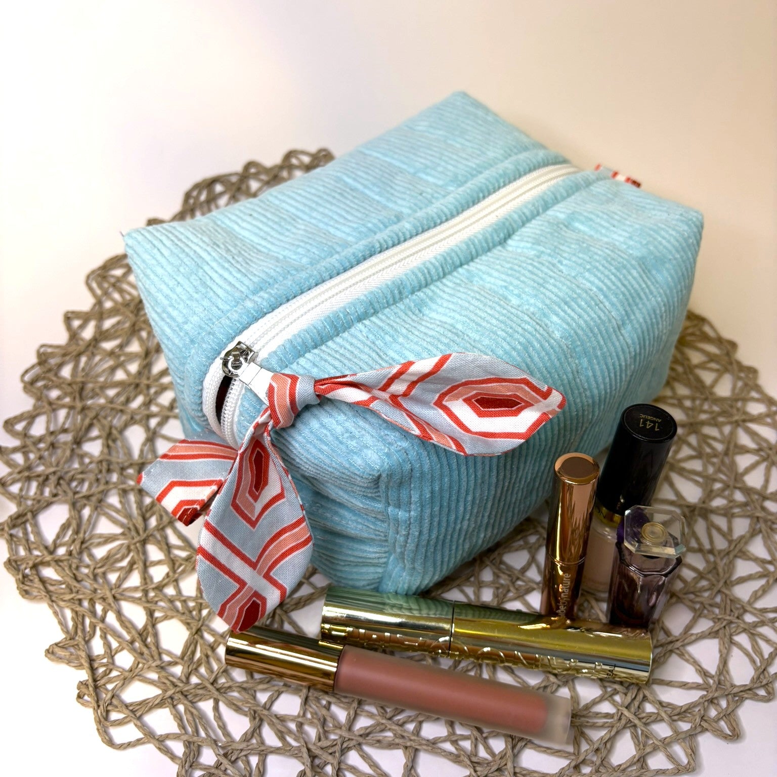 Makeup, cosmetic or tech bag - Quilted Pale Turquoise Corduroy
