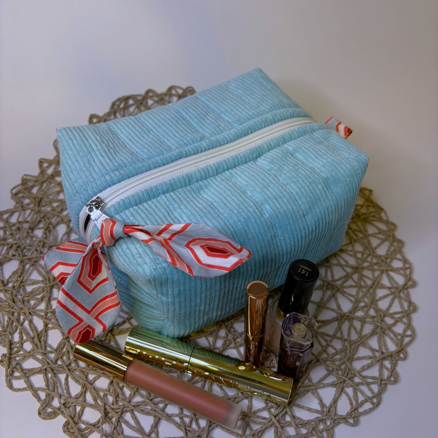 Makeup, cosmetic or tech bag - Quilted Pale Turquoise Corduroy
