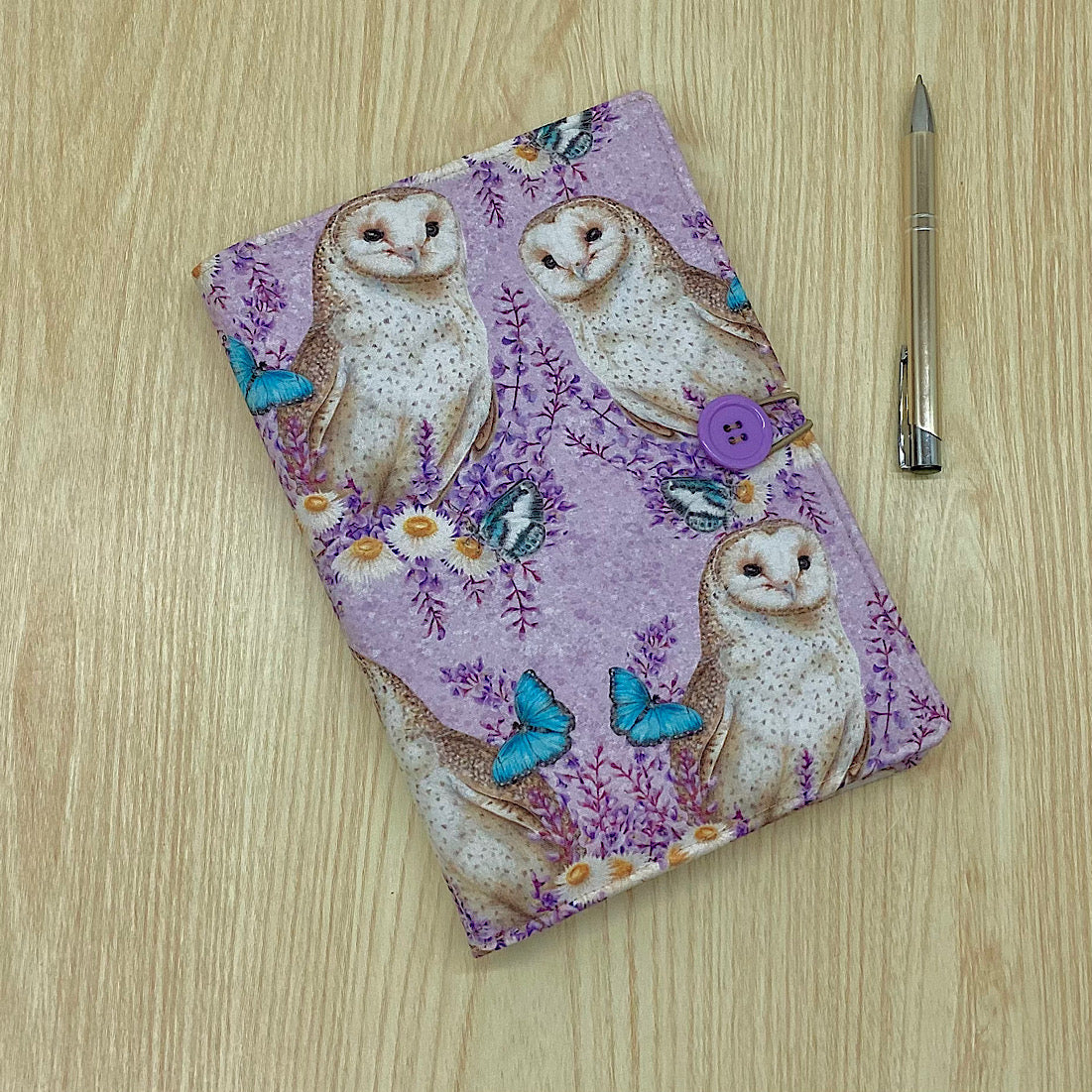 Owls refillable A5 fabric notebook cover gift set - Incl. book and pen.
