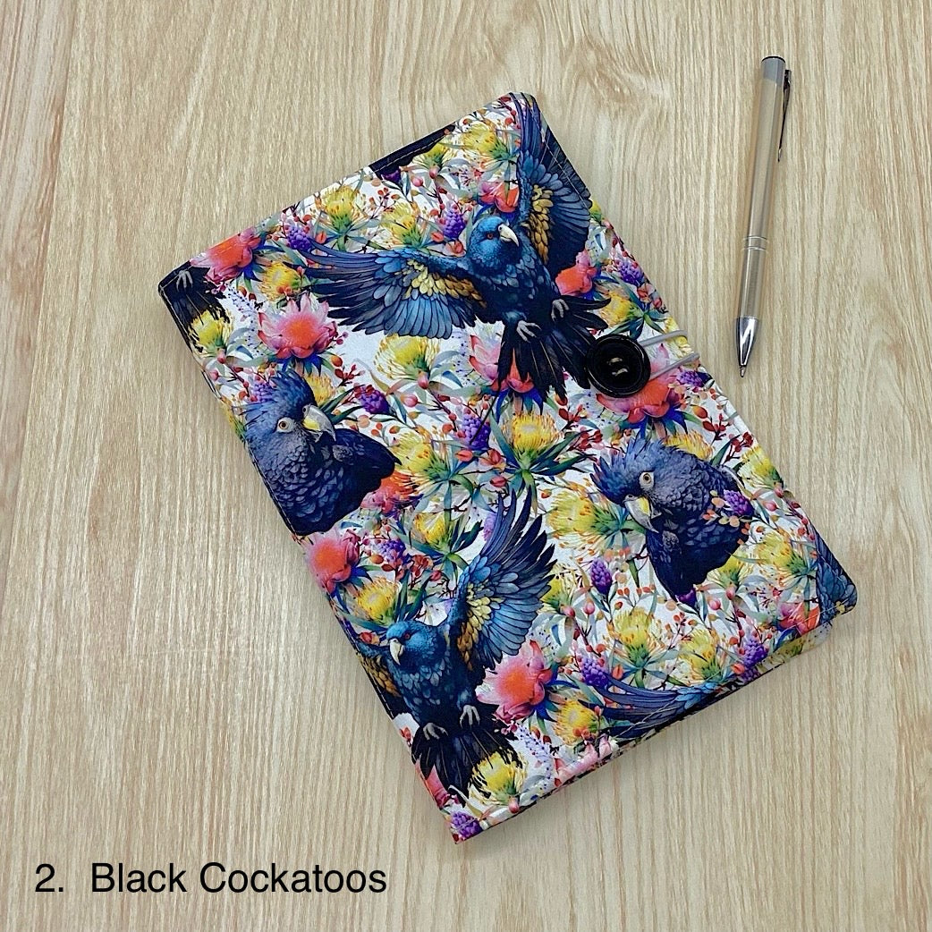 Galahs, Black Cockatoos refillable A5 fabric notebook cover gift set - Incl. book and pen.