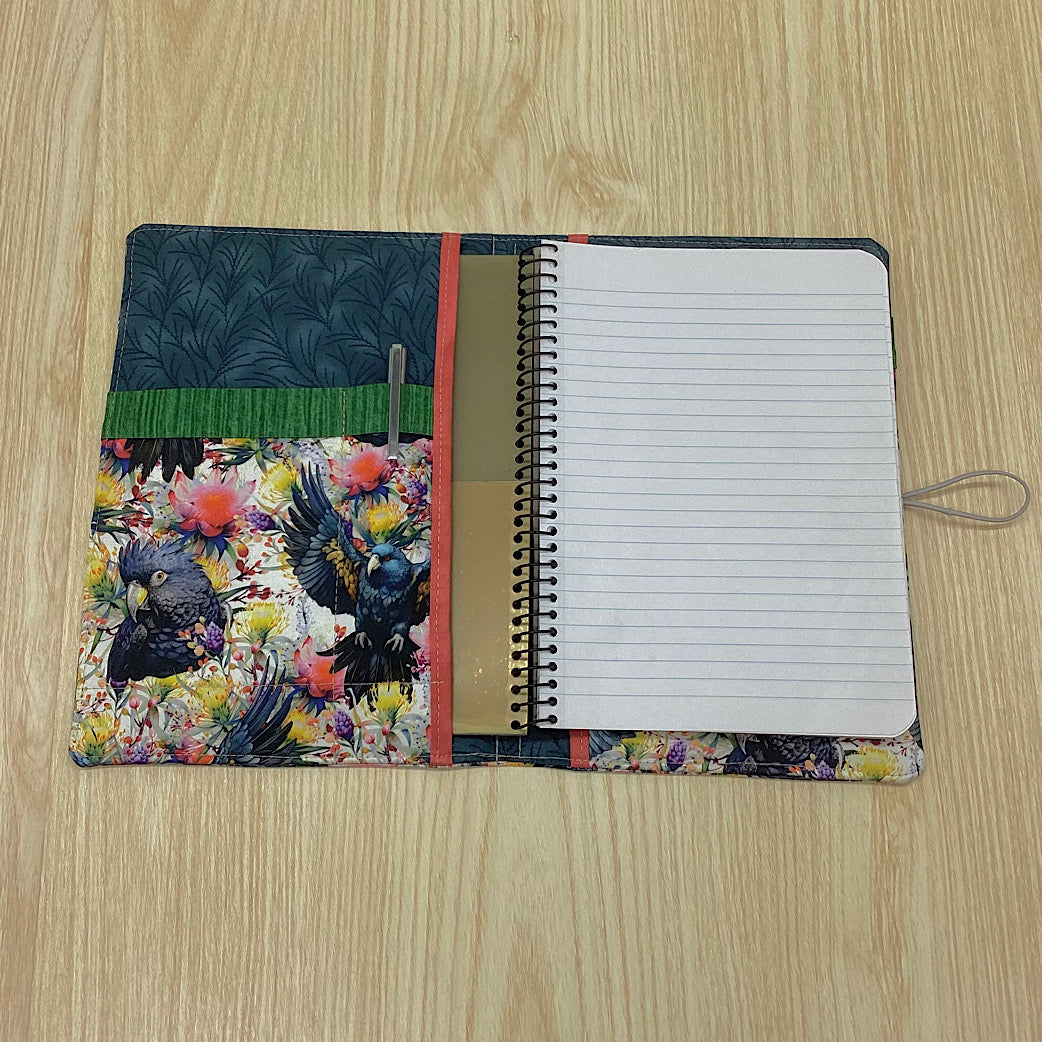 Galahs, Black Cockatoos refillable A5 fabric notebook cover gift set - Incl. book and pen.