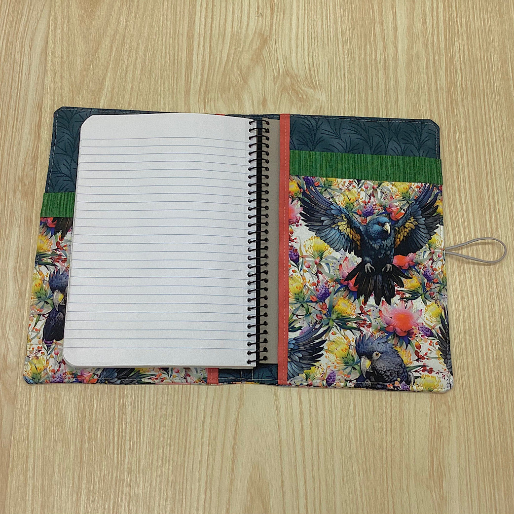 Galahs, Black Cockatoos refillable A5 fabric notebook cover gift set - Incl. book and pen.