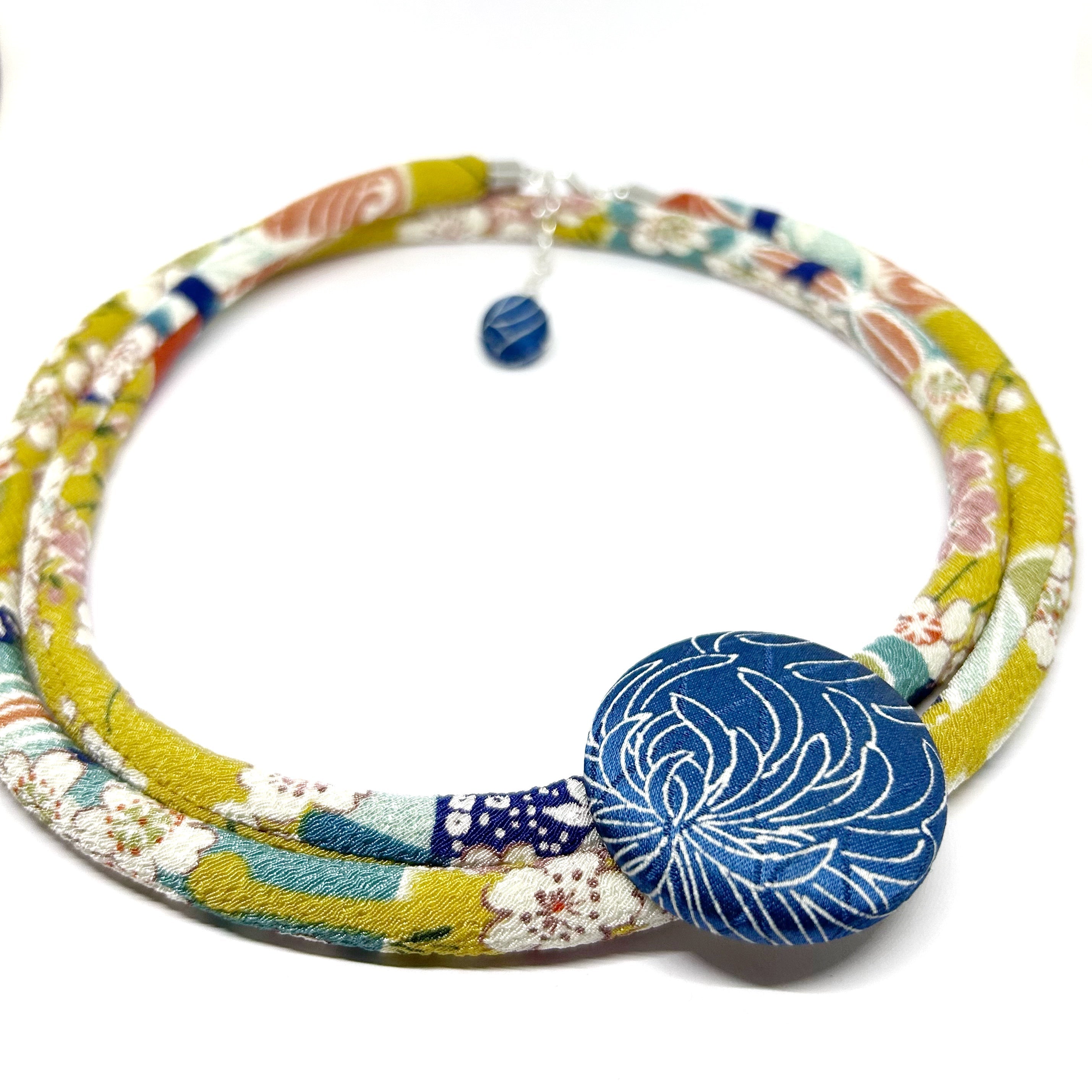 Kimono Cord Necklace - Blue and Mustard Blossom