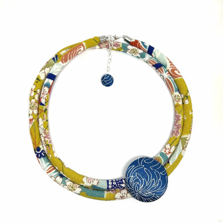 Kimono Cord Necklace - Blue and Mustard Blossom