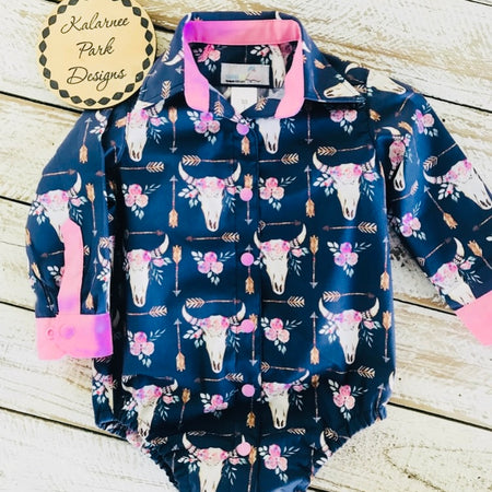 ''Floral Skull'' Girls Long Sleeve Shirt Onesie Size 1