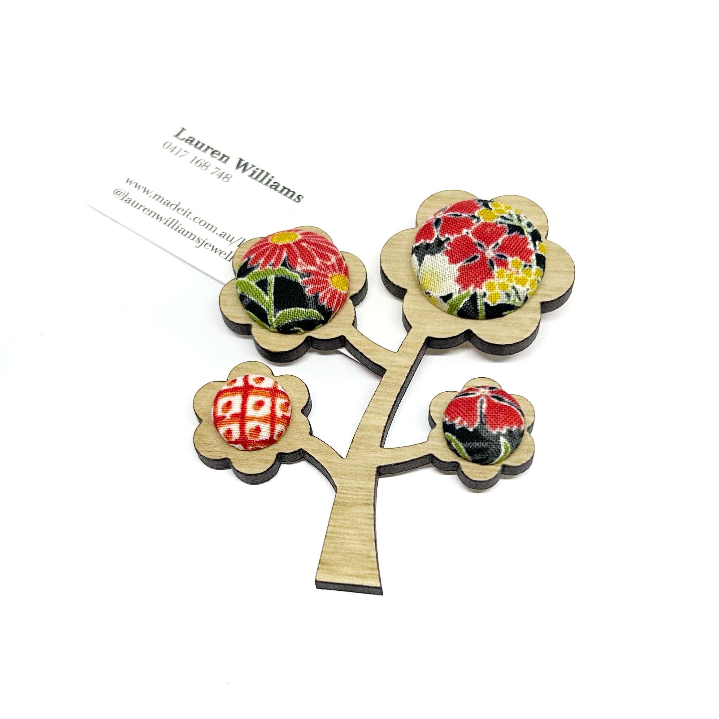 Kimono Tree Brooch - Red Florals