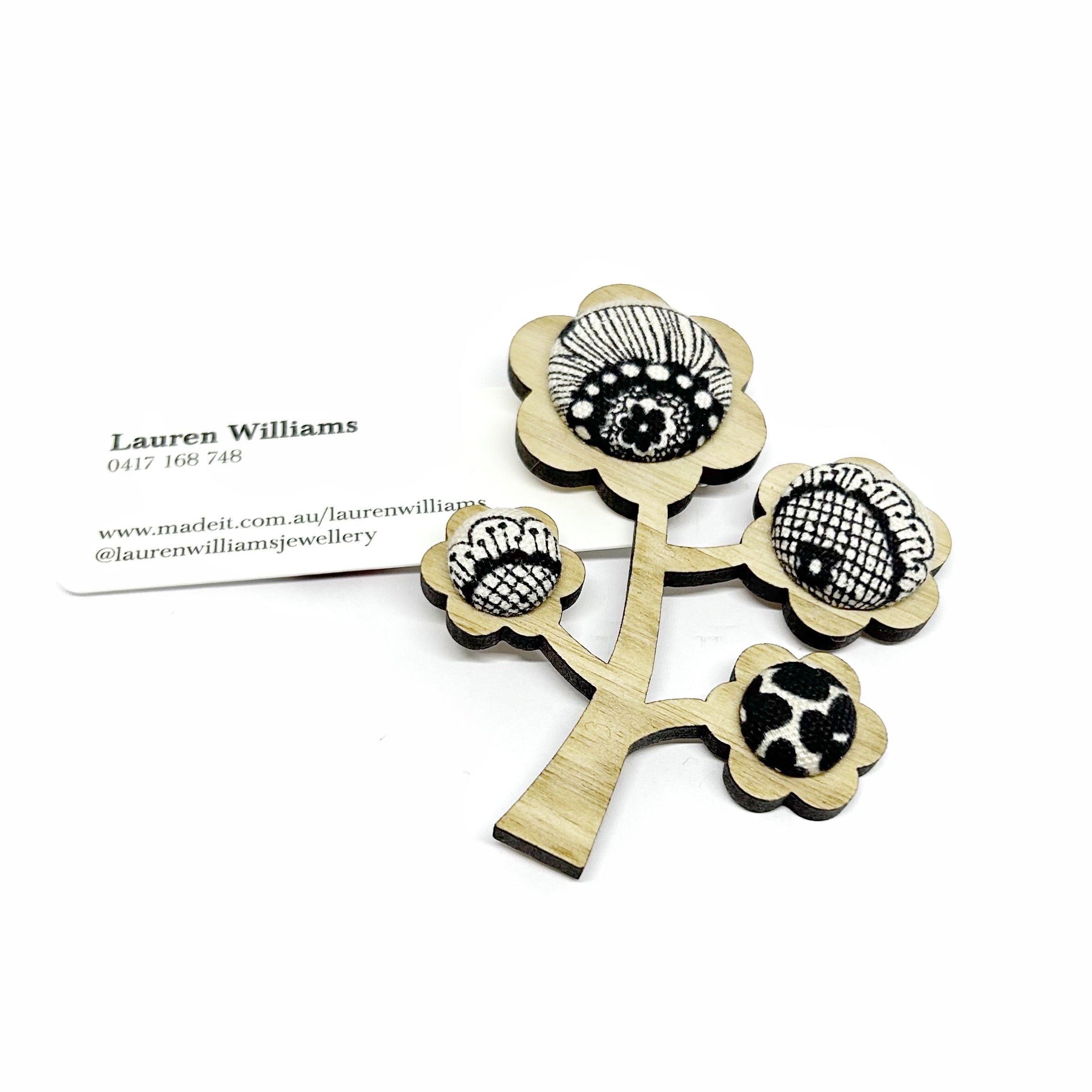 Kimono Tree Brooch - Black and White