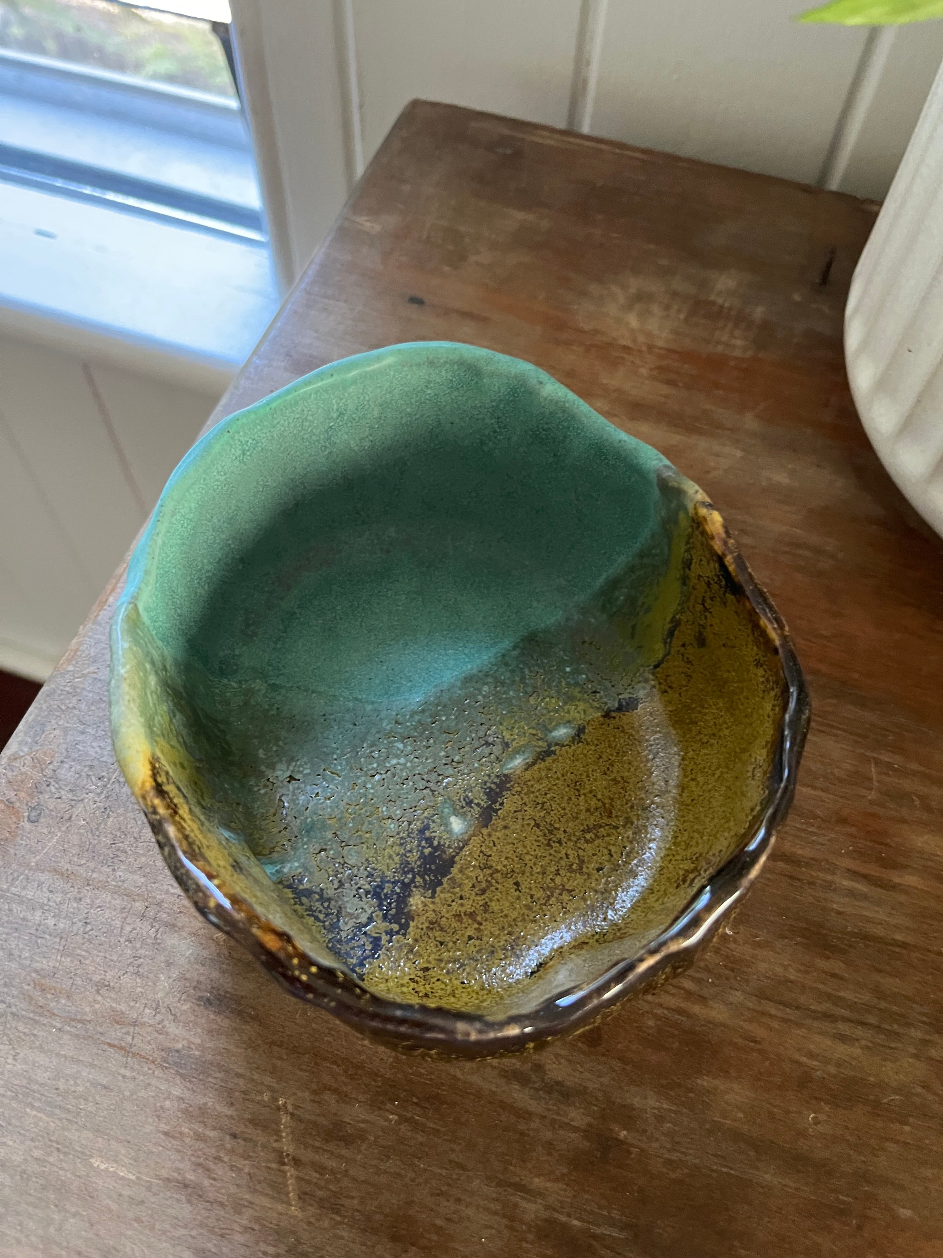 Hand Made Pottery Bowl - Tenmoku Gold and Turquoise