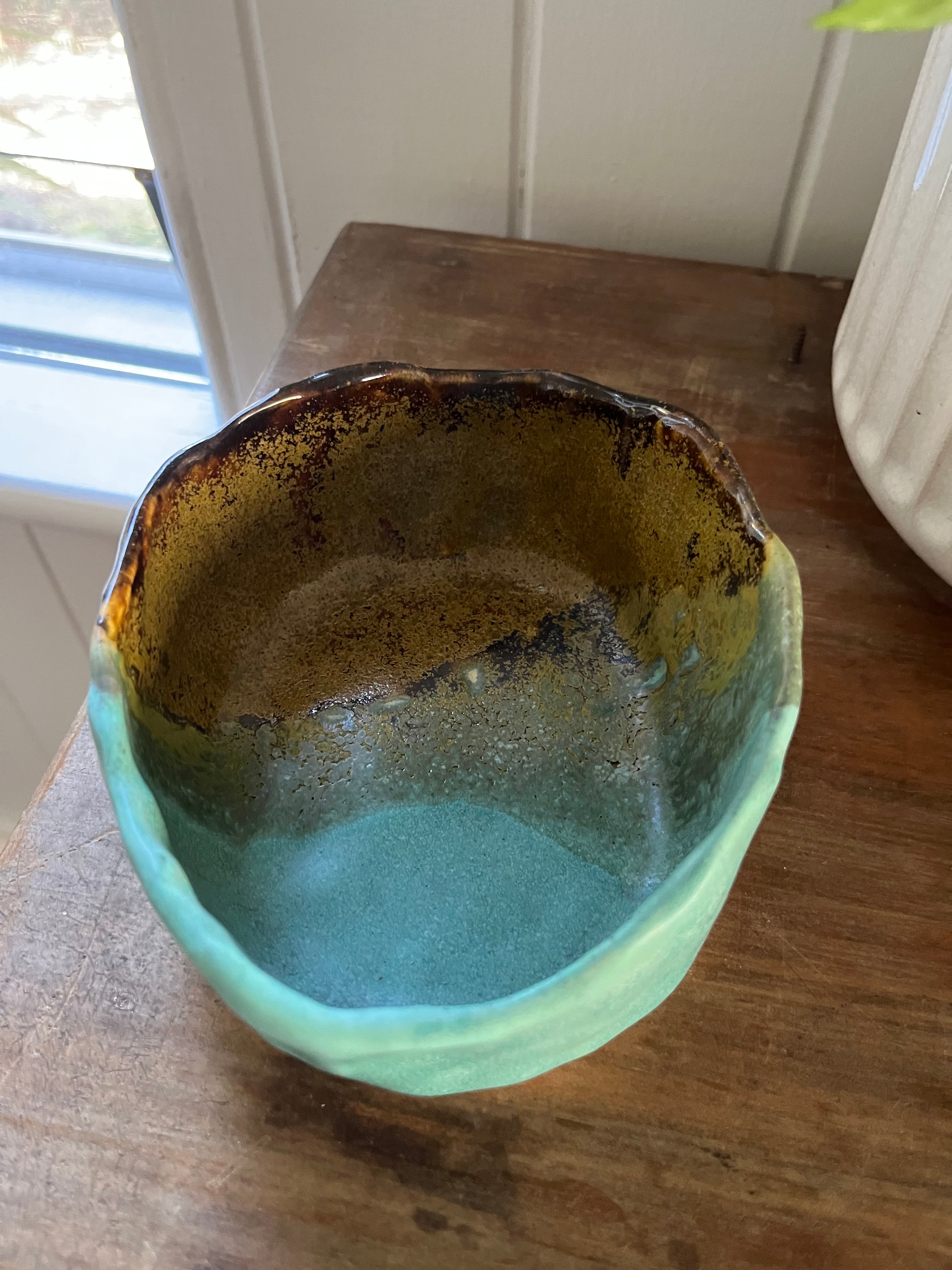Hand Made Pottery Bowl - Tenmoku Gold and Turquoise