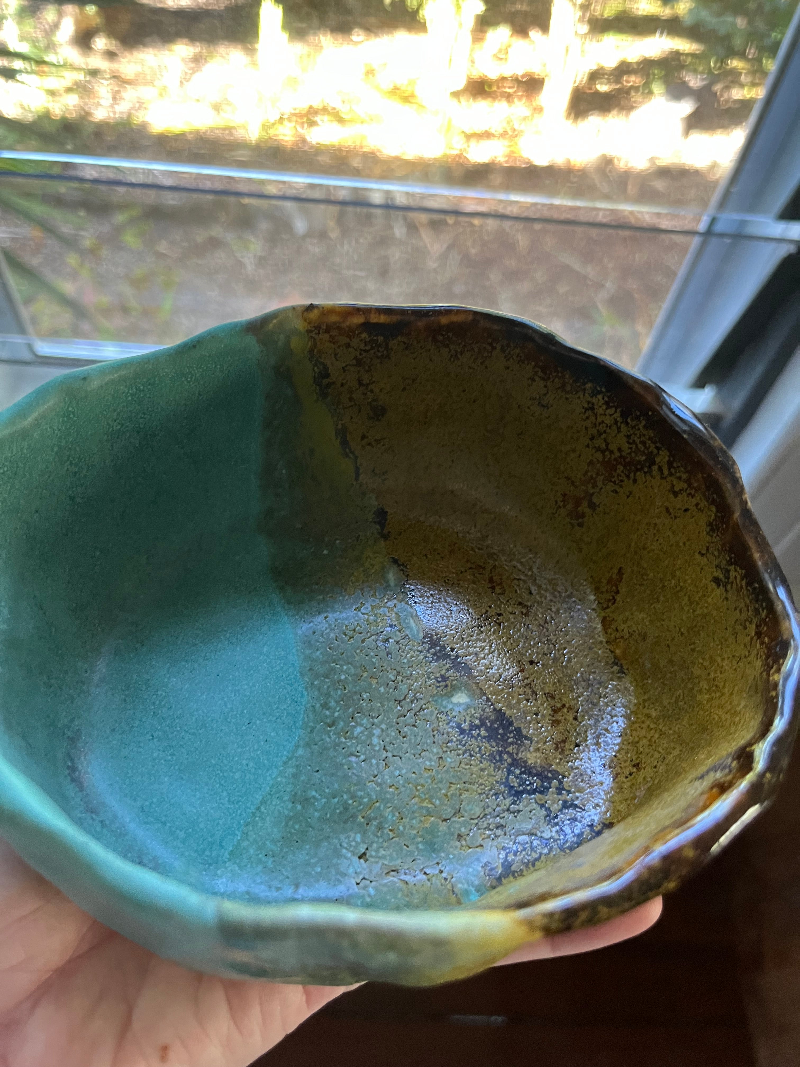 Hand Made Pottery Bowl - Tenmoku Gold and Turquoise