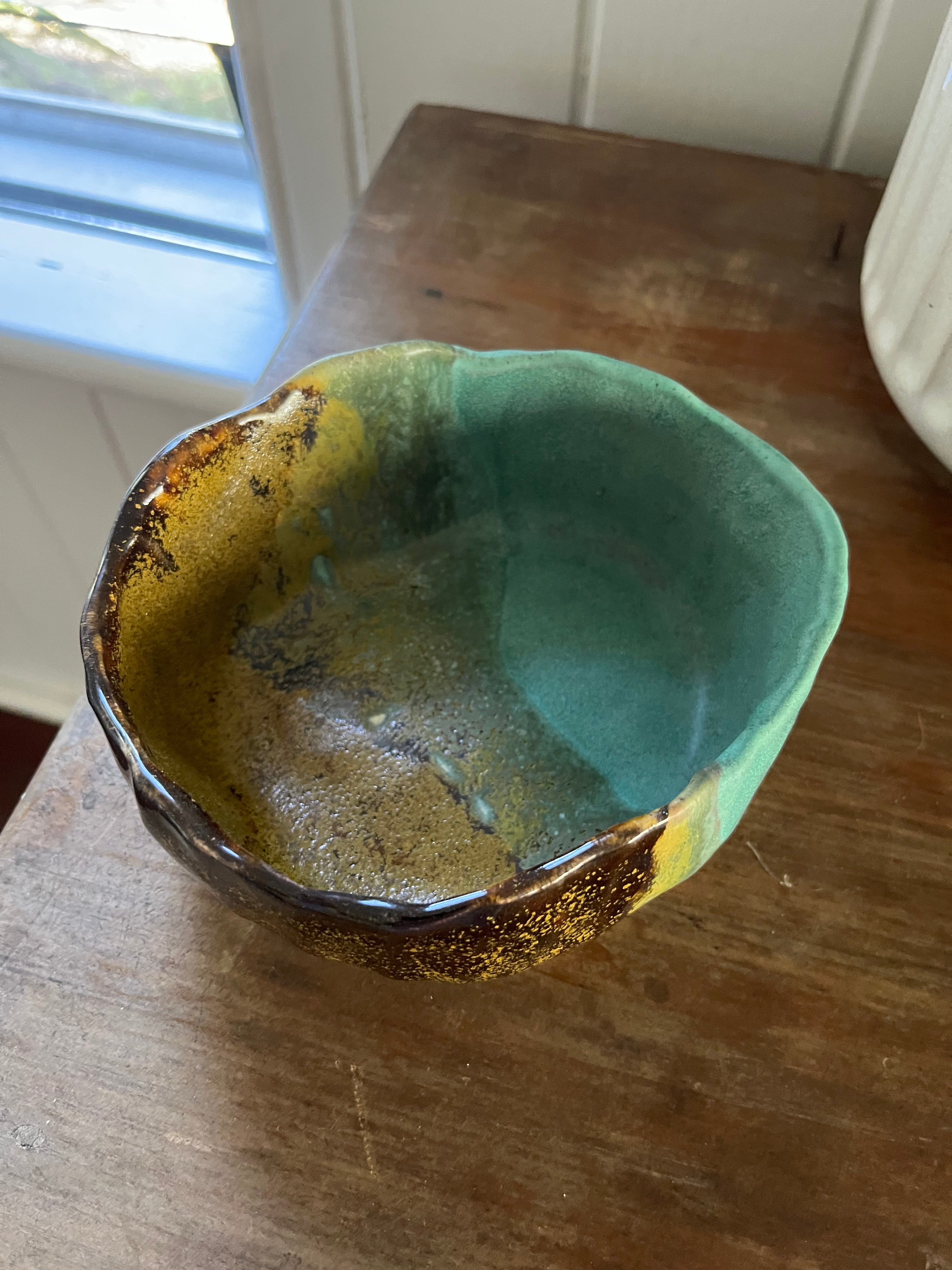 Hand Made Pottery Bowl - Tenmoku Gold and Turquoise