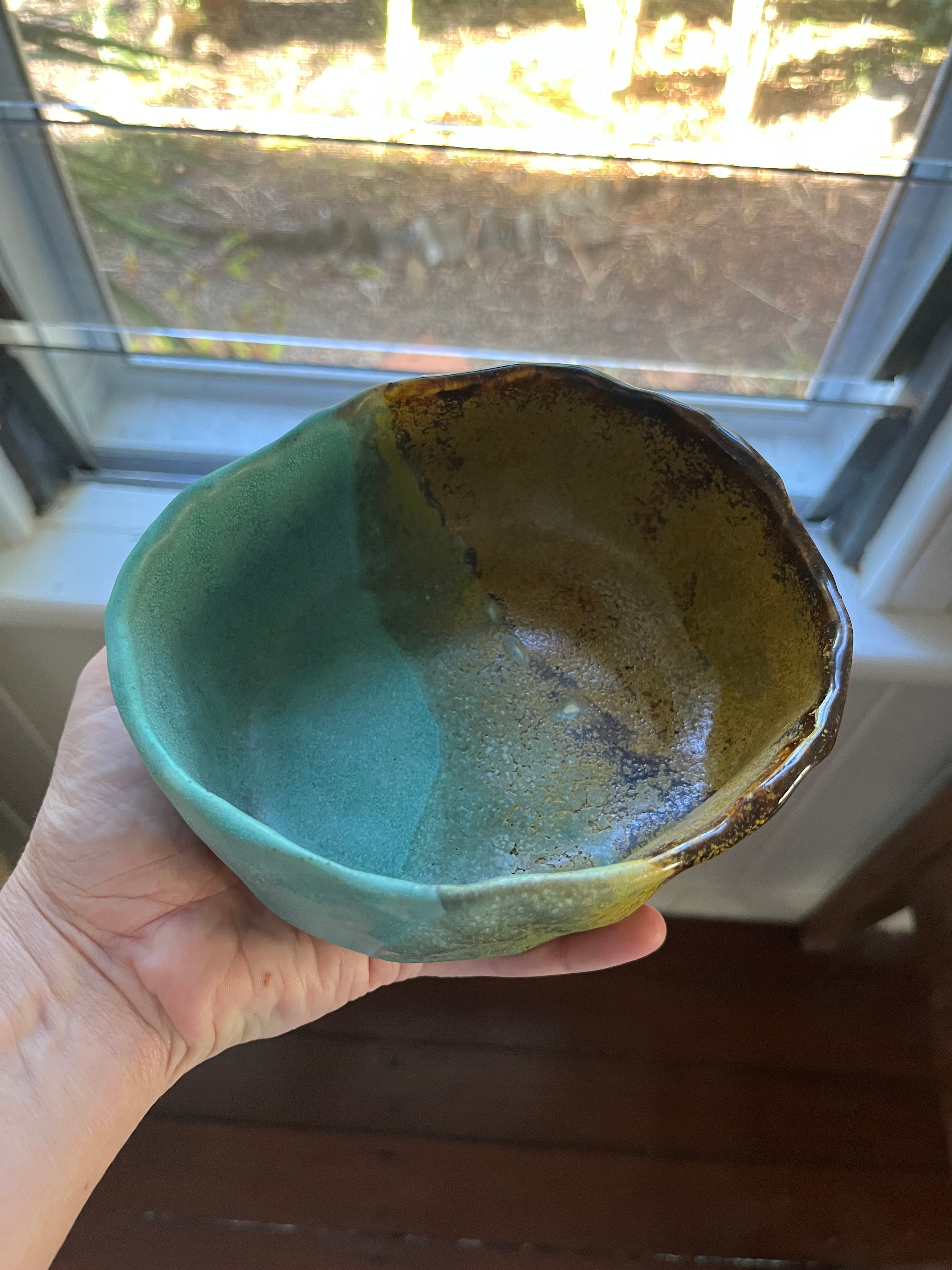 Hand Made Pottery Bowl - Tenmoku Gold and Turquoise