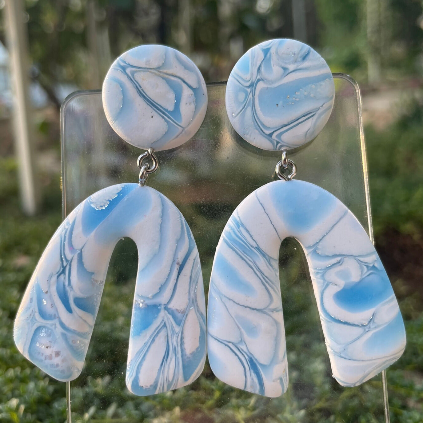 Blue and white marbled look polymer clay earrings