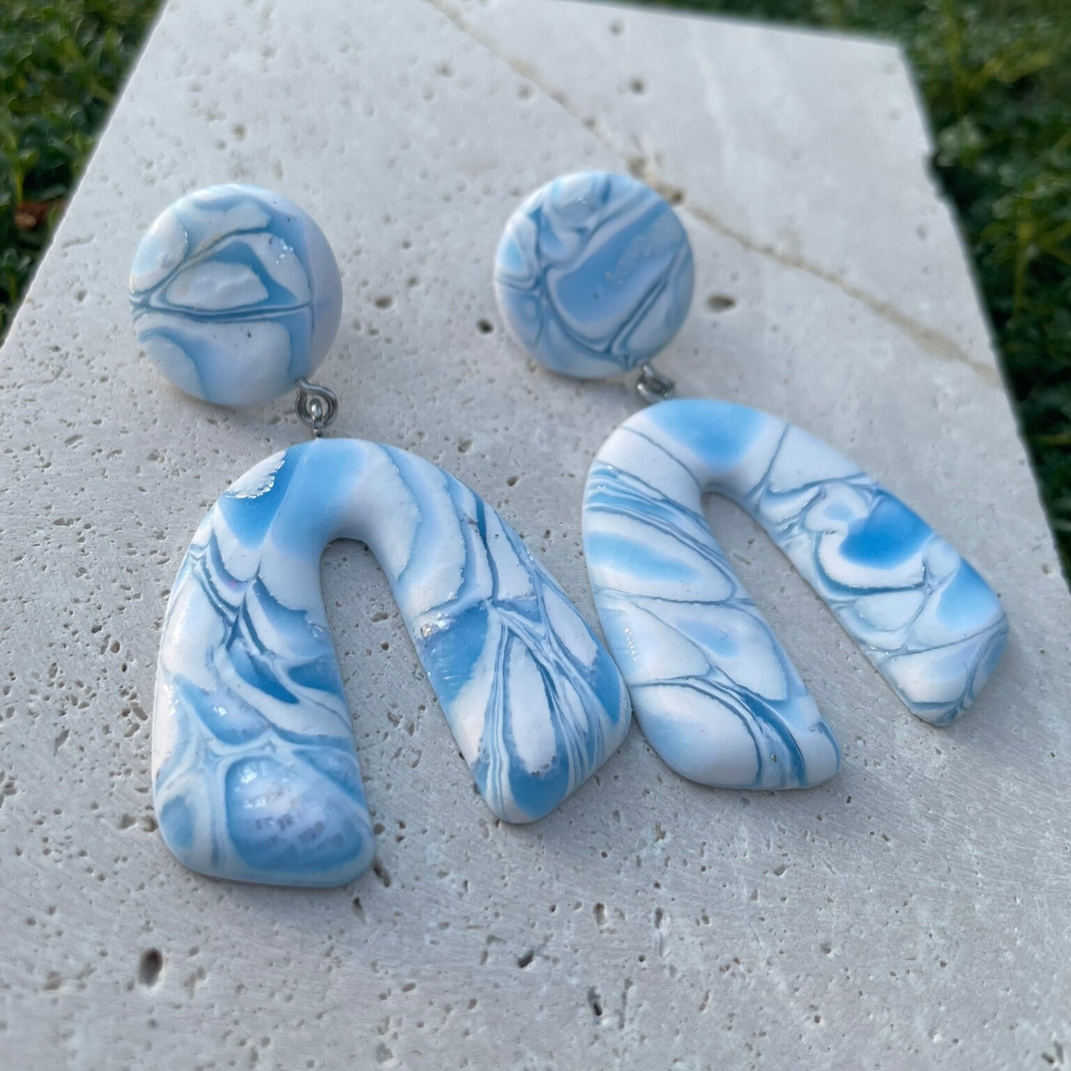 Blue and white marbled look polymer clay earrings
