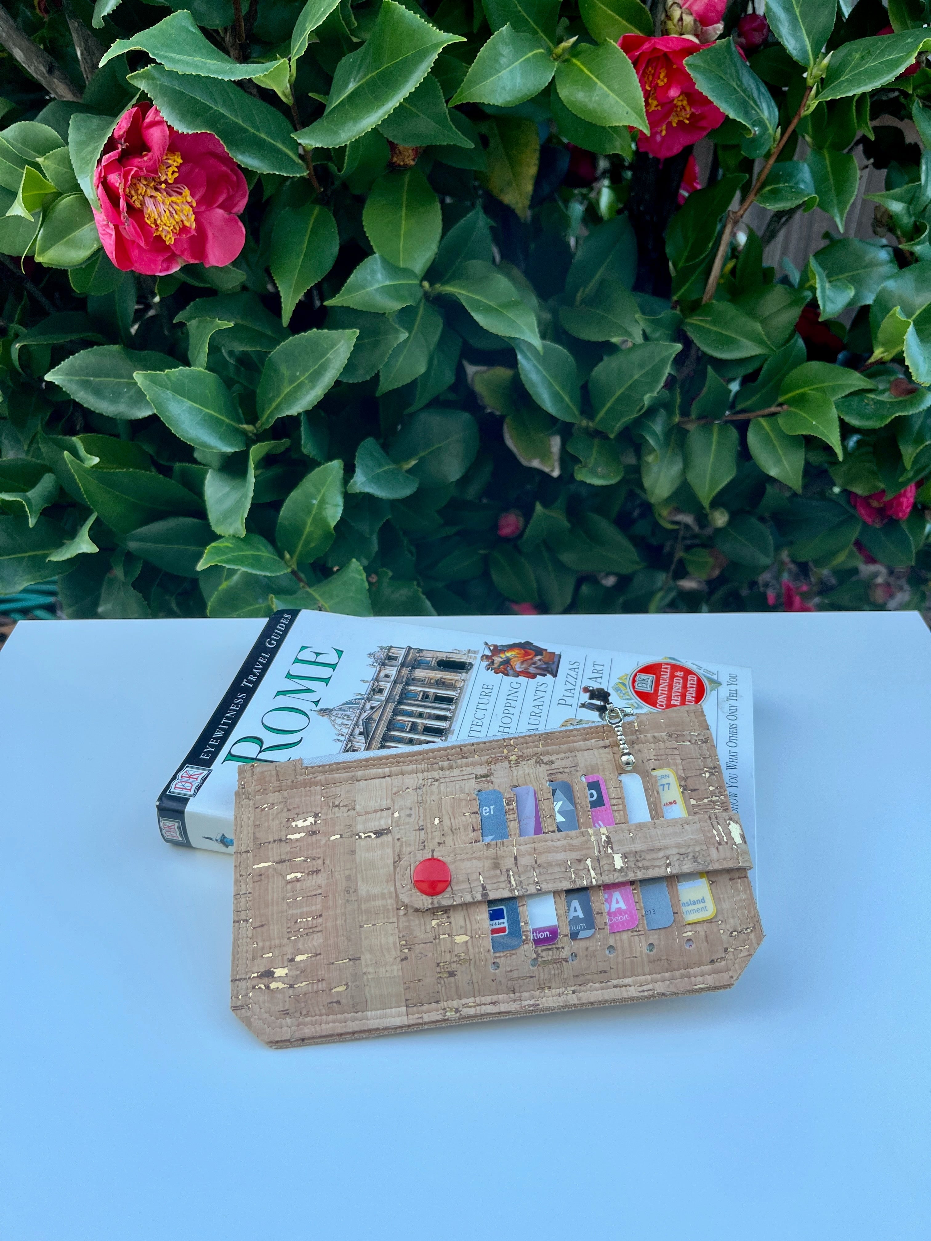 Purse Pal Wallet - Natural rustic Portuguese Cork with gold flecks (& orangey/red snap)