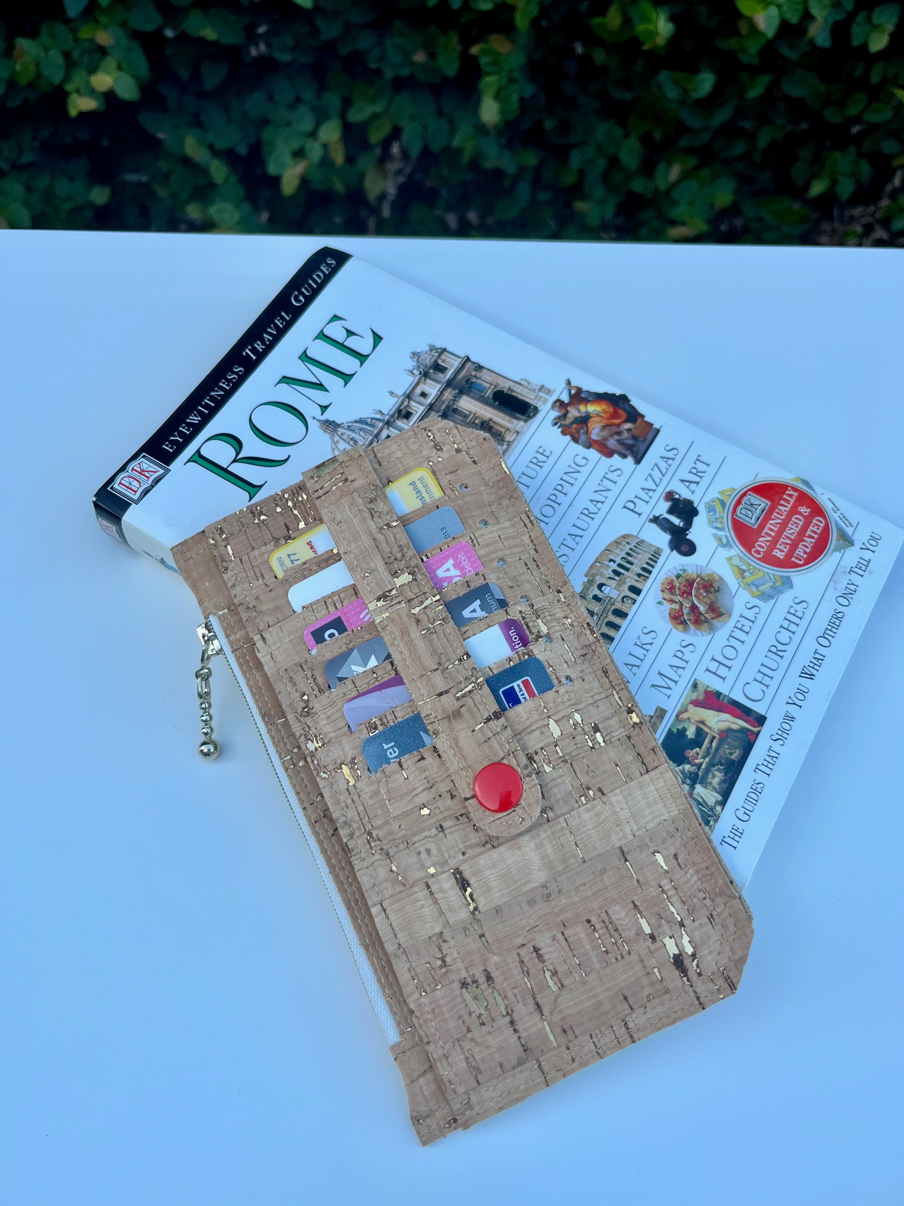 Purse Pal Wallet - Natural rustic Portuguese Cork with gold flecks (& orangey/red snap)