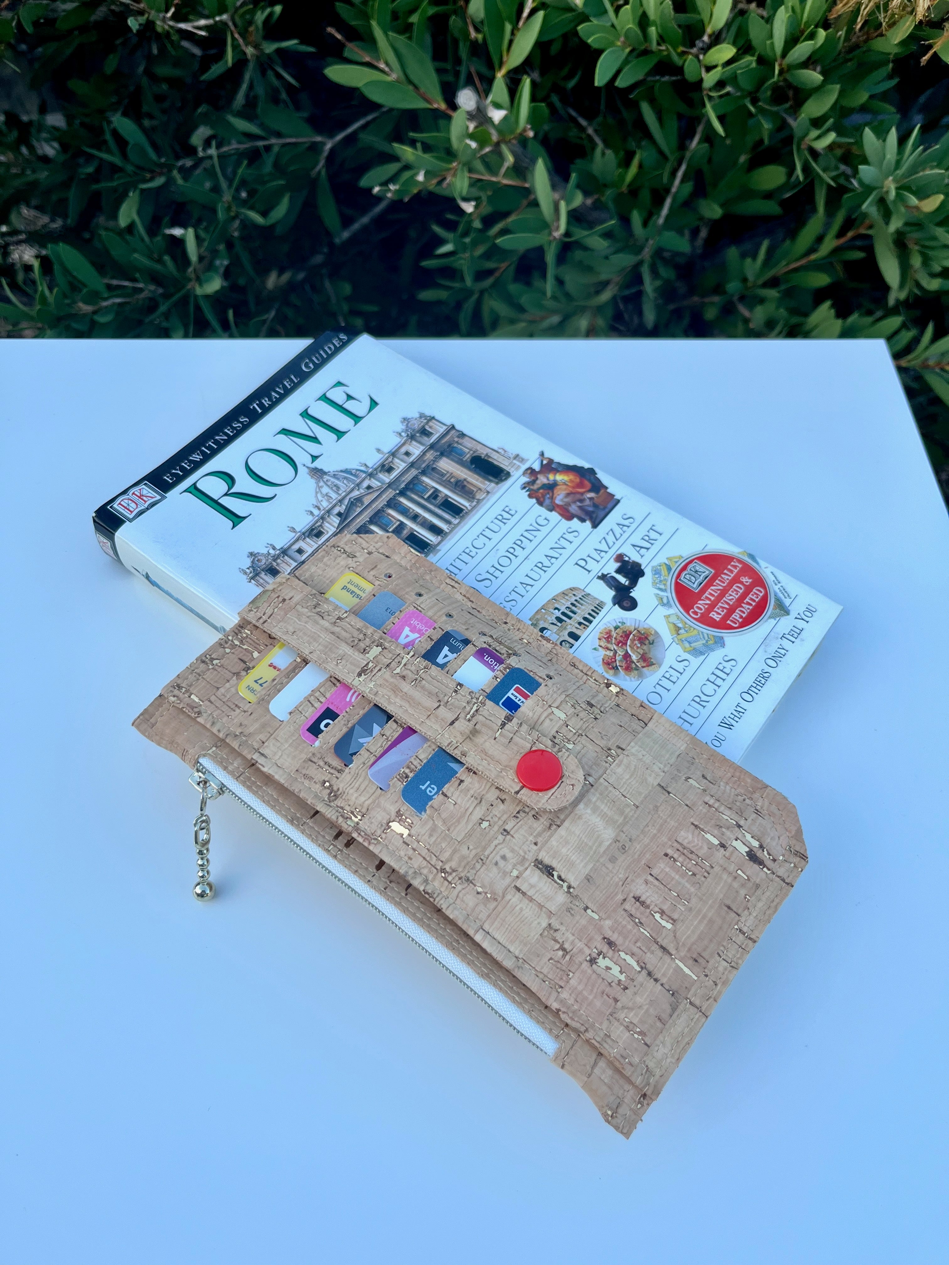 Purse Pal Wallet - Natural rustic Portuguese Cork with gold flecks (& orangey/red snap)