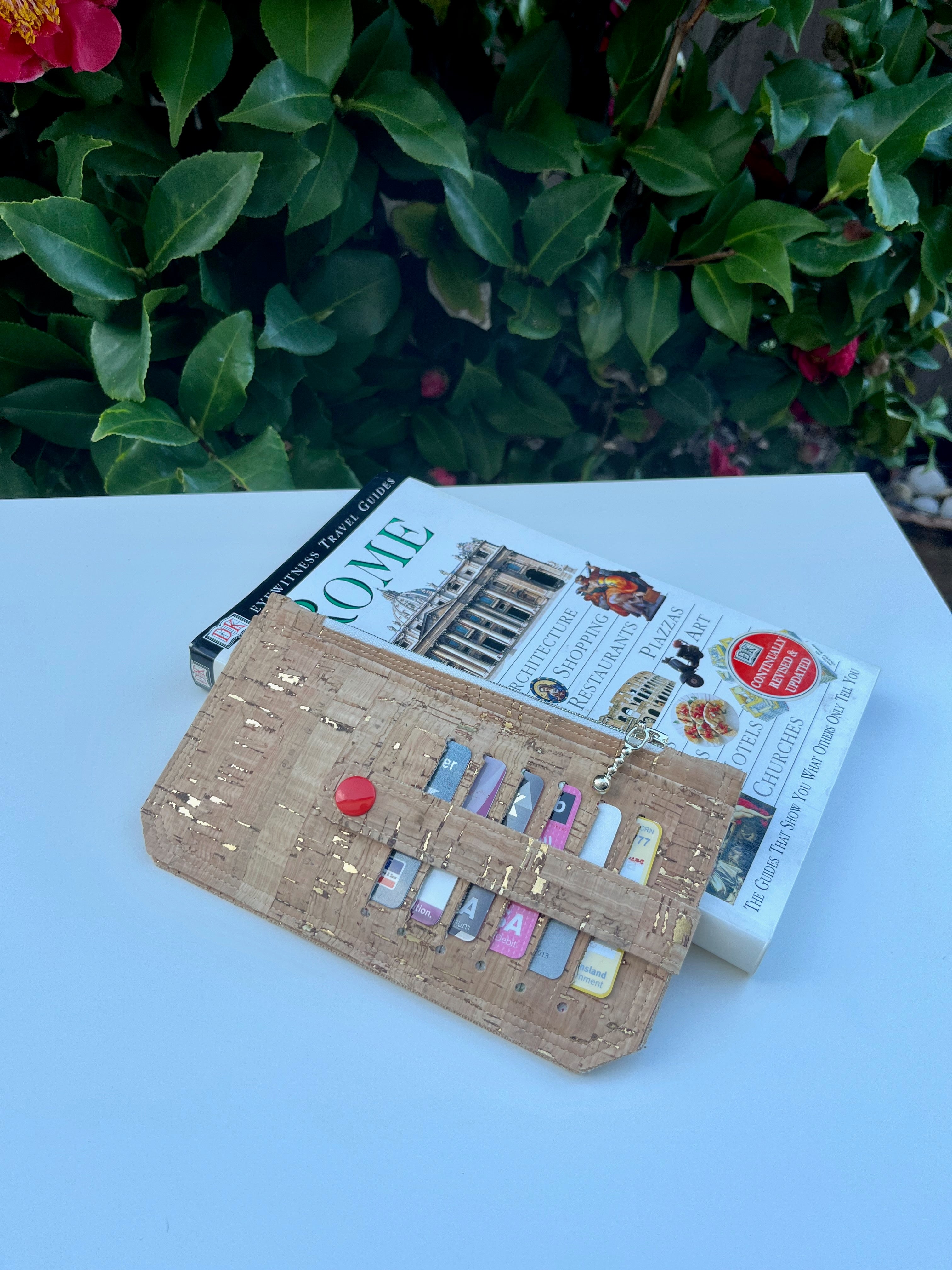 Purse Pal Wallet - Natural rustic Portuguese Cork with gold flecks (& orangey/red snap)