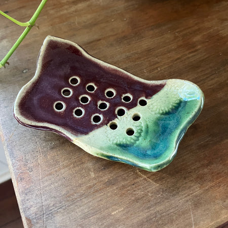 Pottery Soap Dish - Maroon & Green