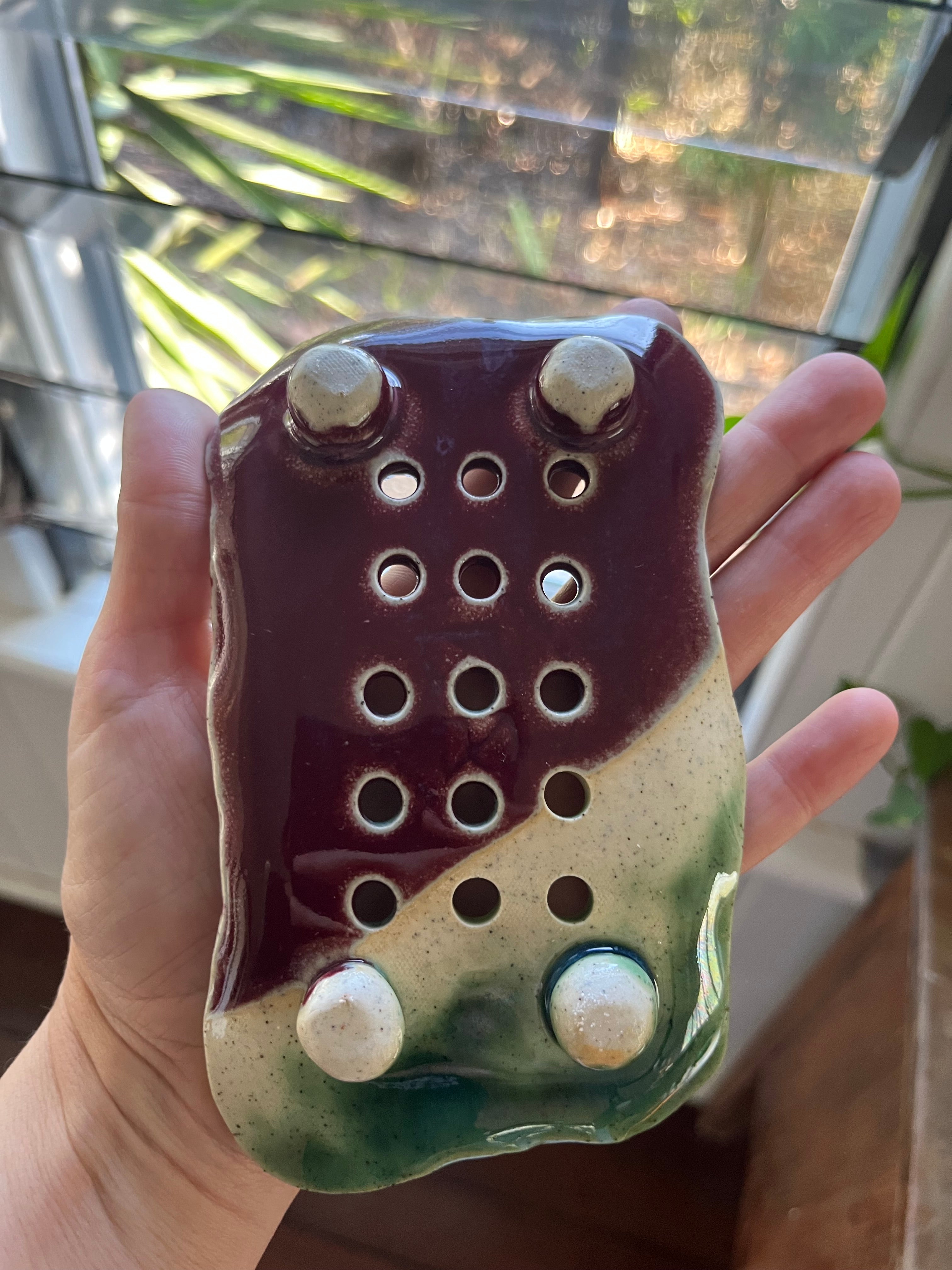 Pottery Soap Dish - Maroon & Green