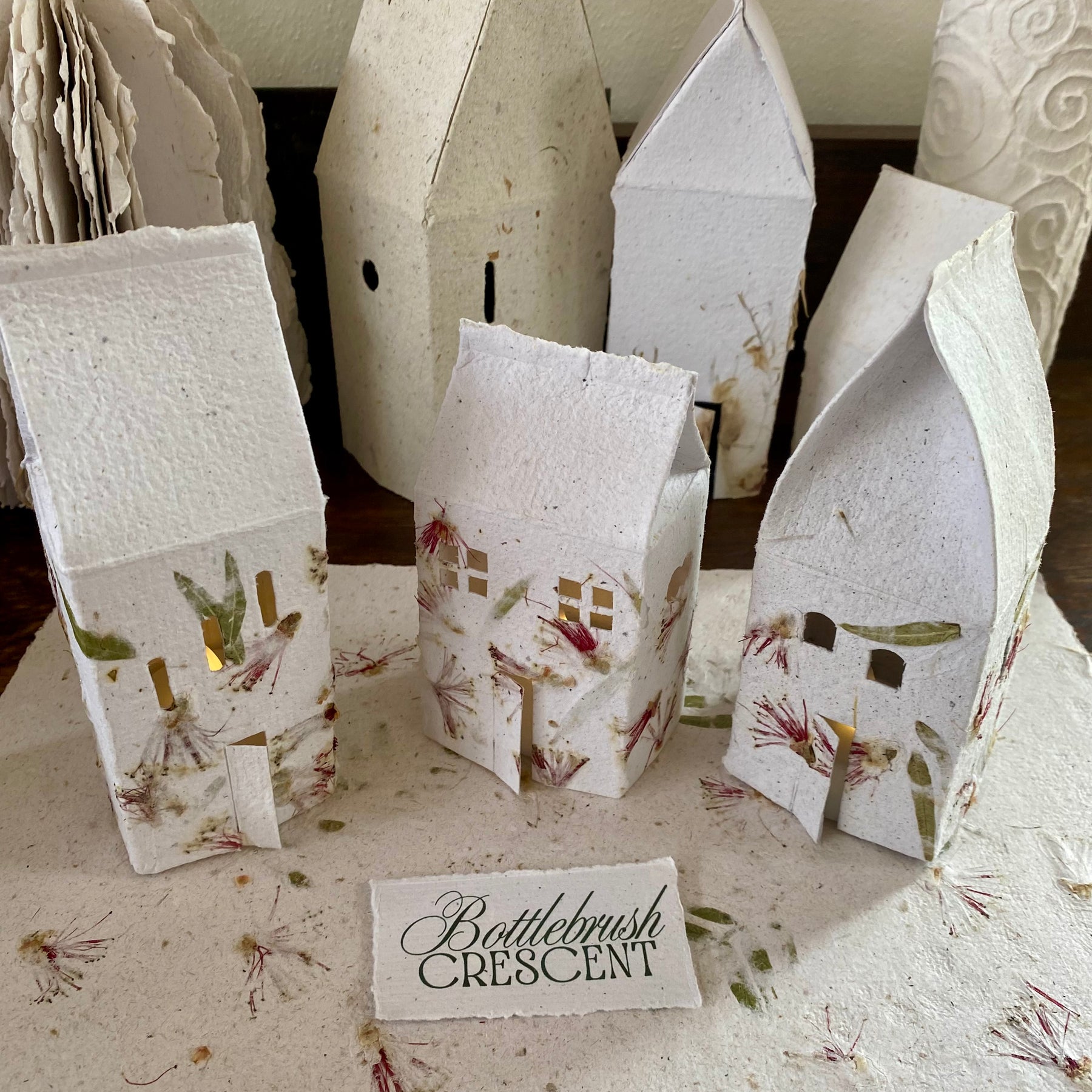 Tiny houses of Decoupaged Handmade Paper with LED light - Personalised your Street too!