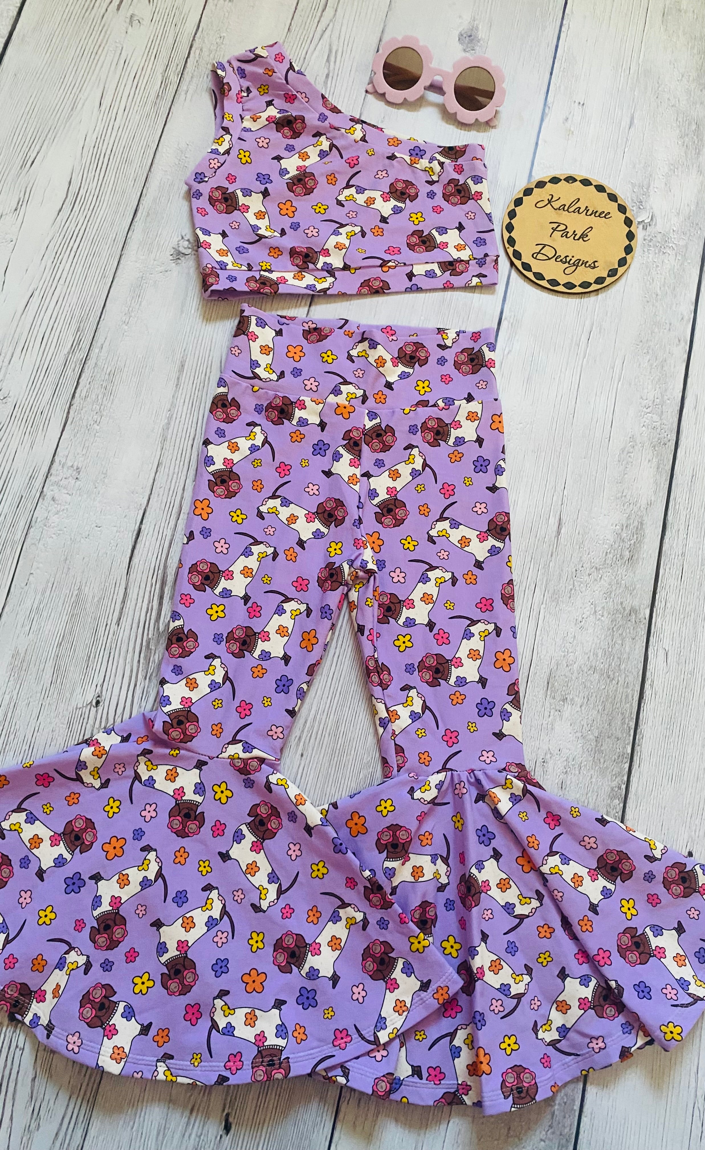 Groovy Dachshunds One Shoulder Tank Top and Bellbottom Pants Two Piece Set Size 3-4 years