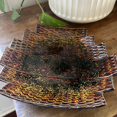 Hand-Built Patterned Clay Bowl – Brown & Gold Glaze