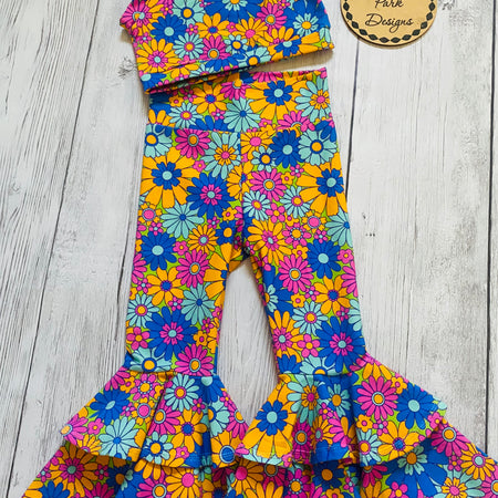 Flower Power One Shoulder Tank Top and Bellbottom Pants Two Piece Set Size 2-3 years