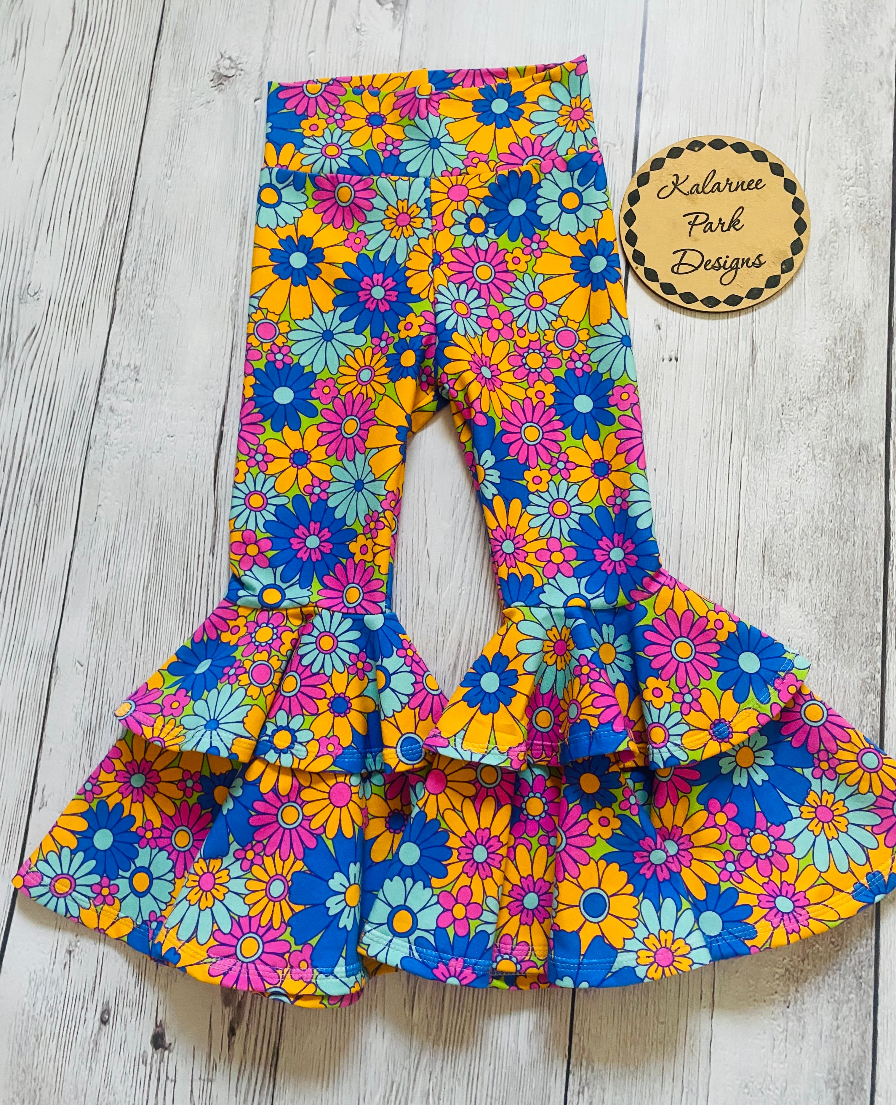 Flower Power One Shoulder Tank Top and Bellbottom Pants Two Piece Set Size 2-3 years
