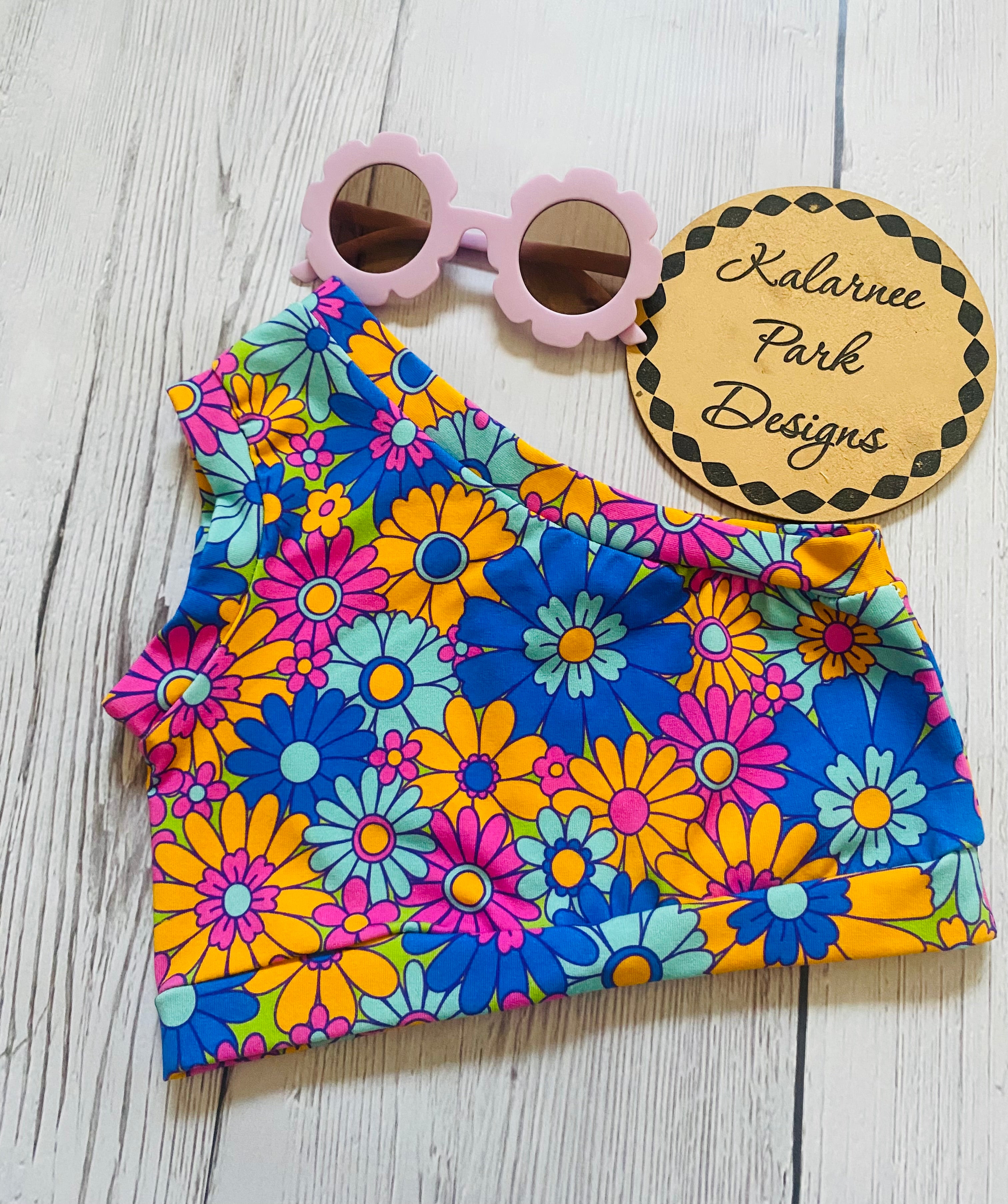 Flower Power One Shoulder Tank Top and Bellbottom Pants Two Piece Set Size 2-3 years