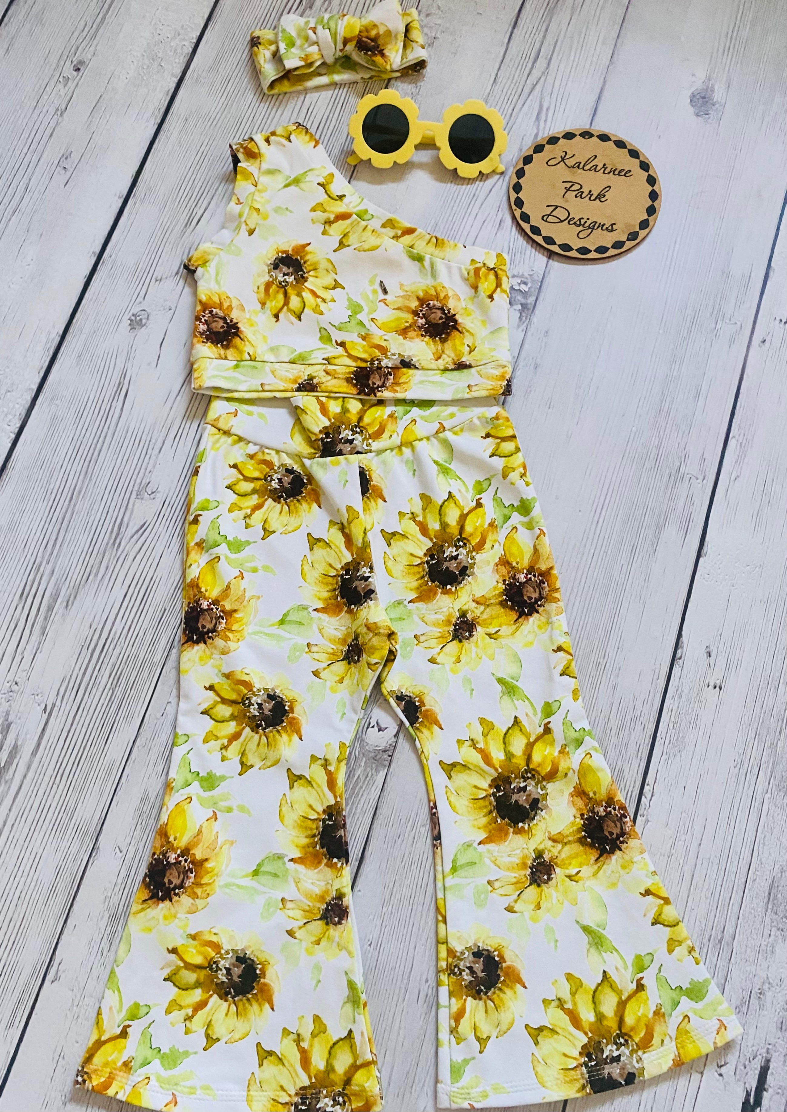 Sunflowers One Shoulder Tank Flares and Knot Headband Three Piece Set Size 1