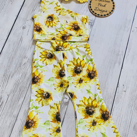 Sunflowers One Shoulder Tank Flares and Knot Headband Three Piece Set Size 1