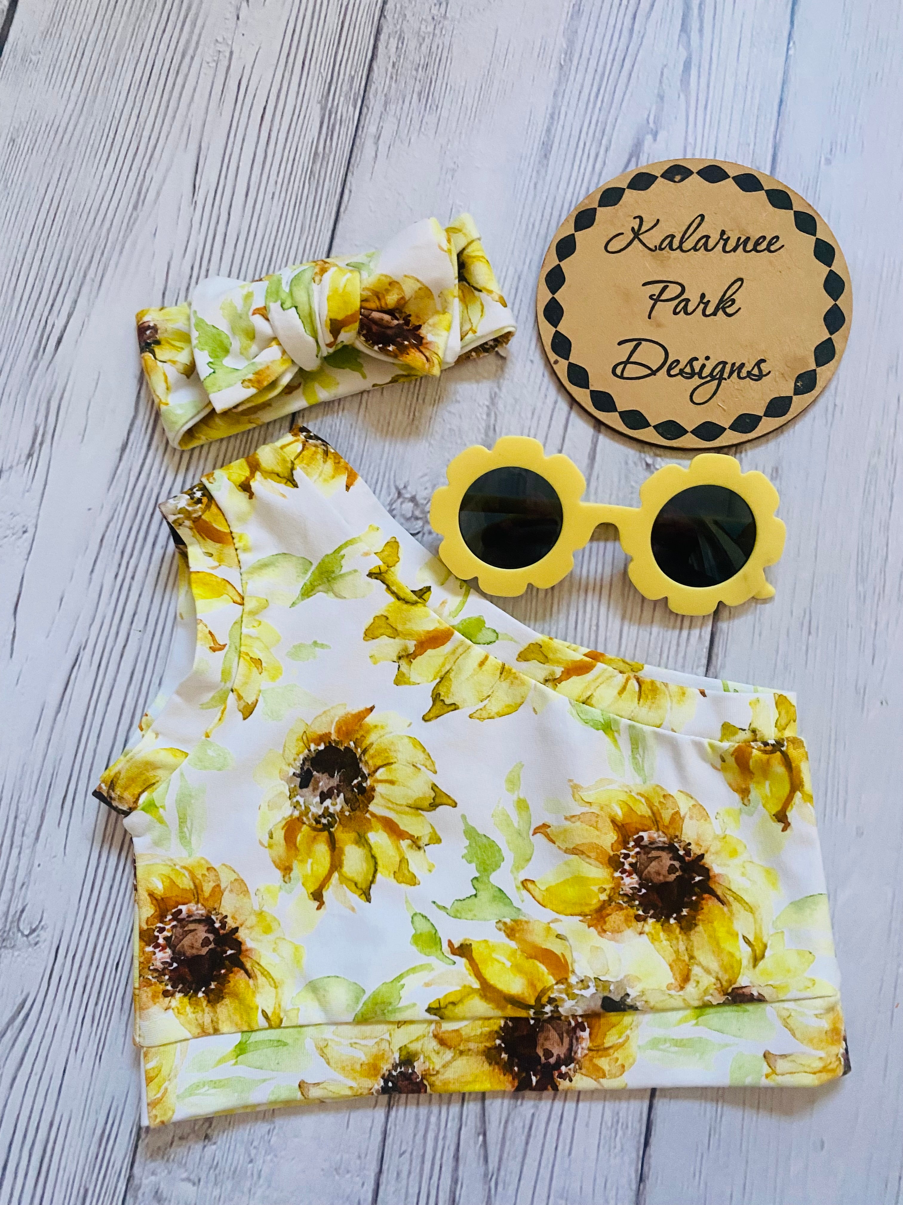 Sunflowers One Shoulder Tank Flares and Knot Headband Three Piece Set Size 1