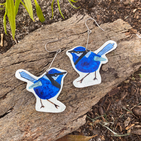 Fairy Wren Earrings - Hand-painted brass statement jewellery