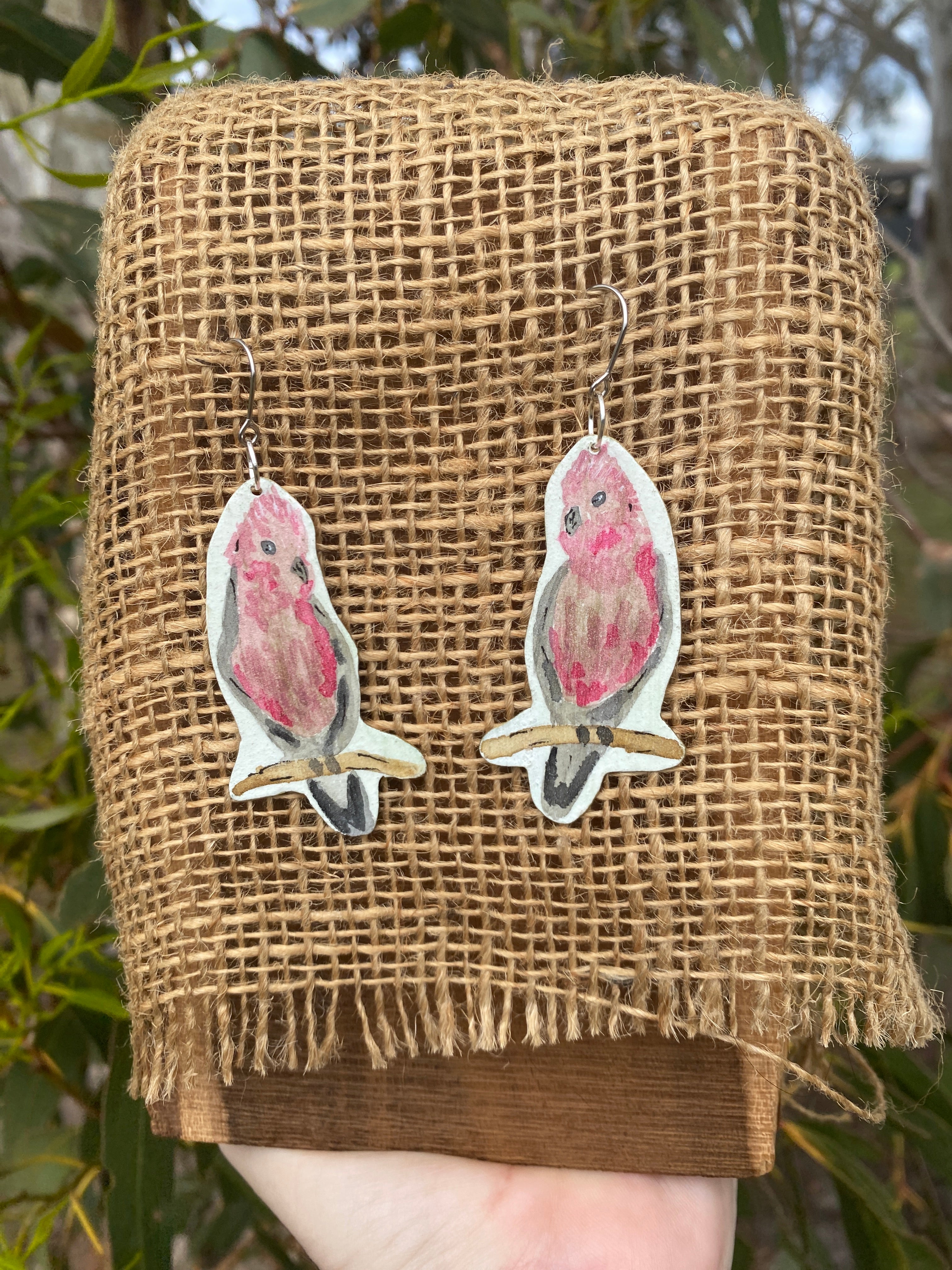 Galah Earrings - Hand painted watercolour statement jewellery