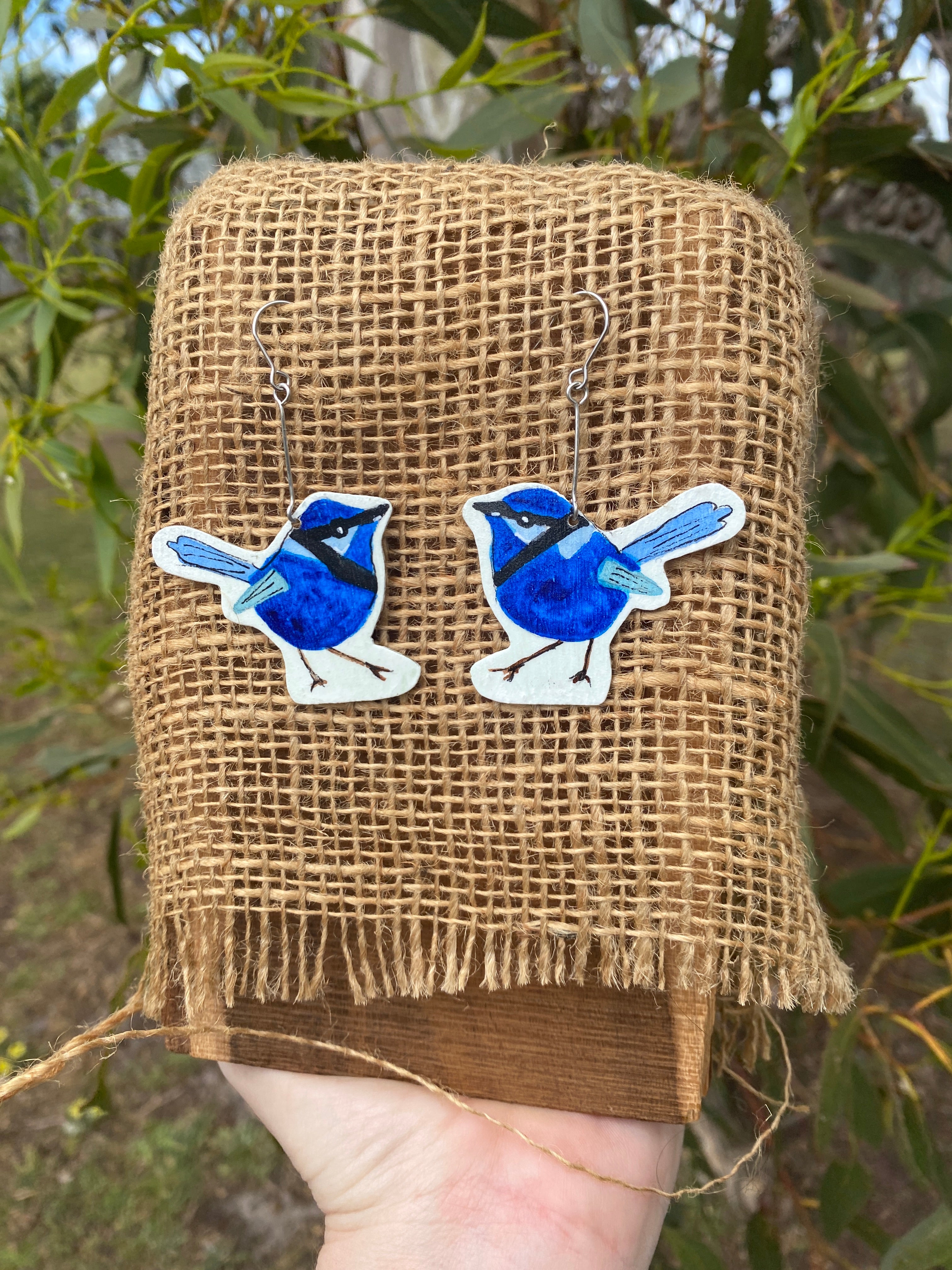 Fairy Wren Earrings - Hand-painted brass statement jewellery