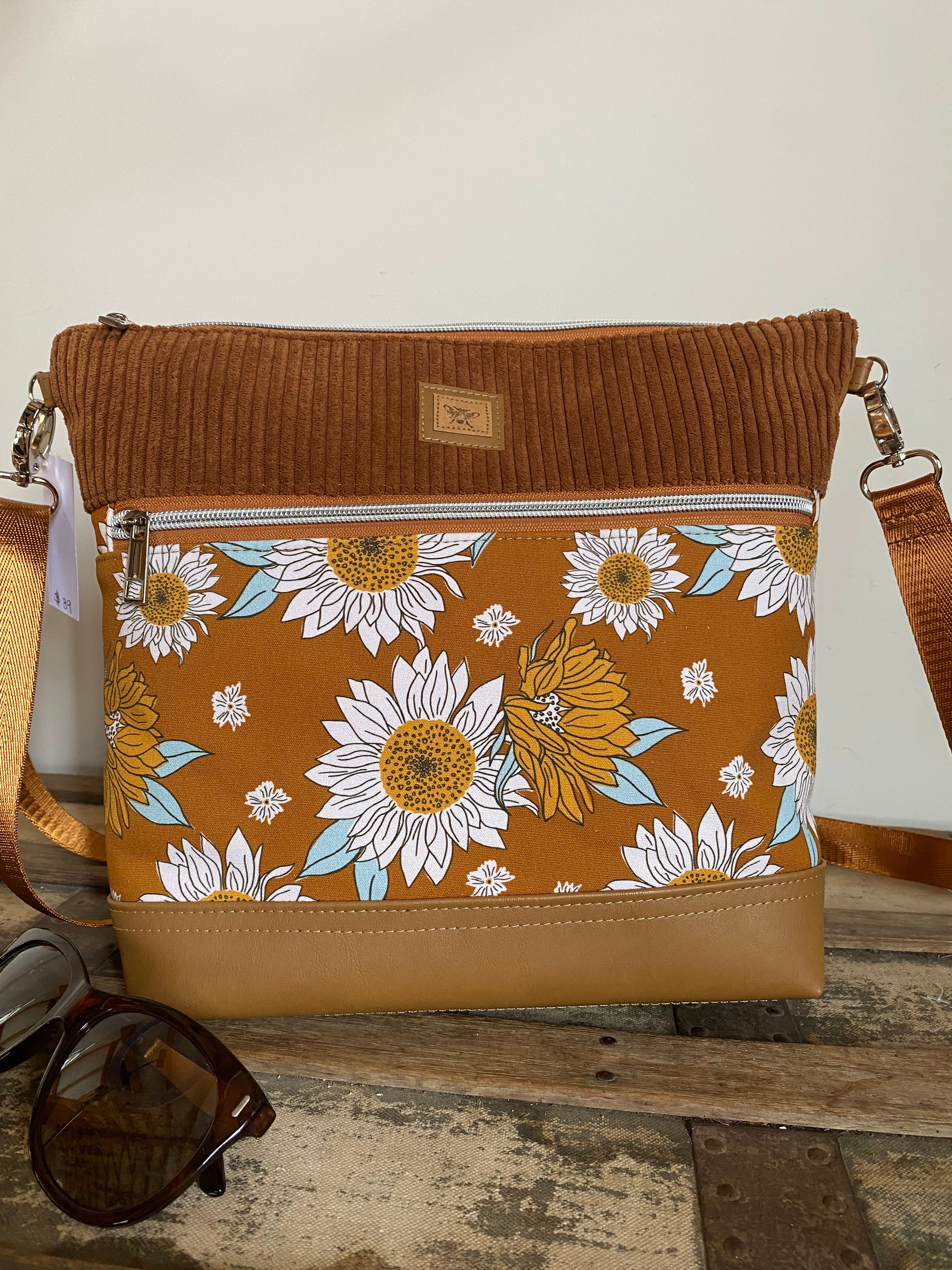 Lola Crossbody Bag - Sunflowers on Mustard with Tan Faux Leather