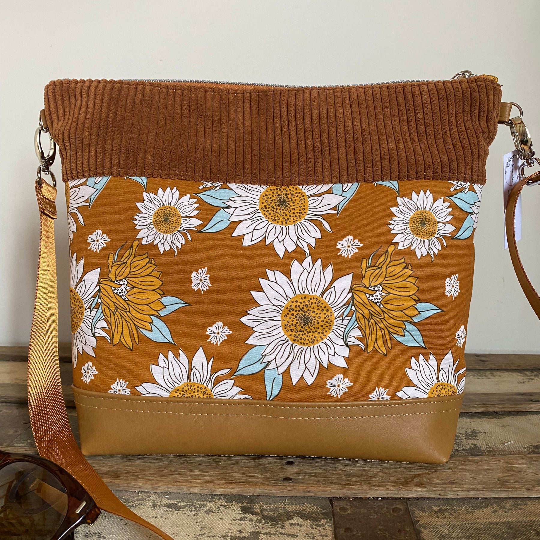Lola Crossbody Bag - Sunflowers on Mustard with Tan Faux Leather